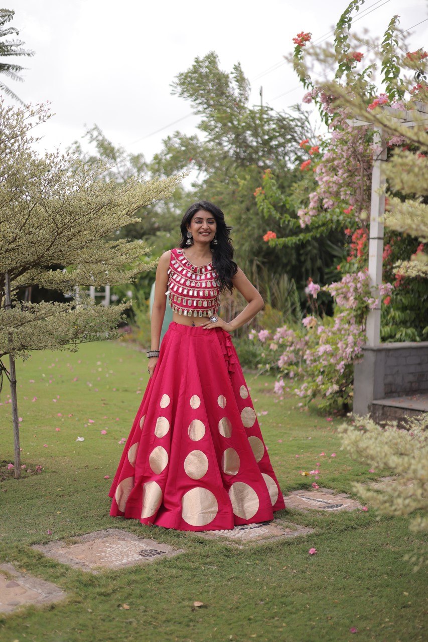 Navratri Special Roman Silk Lehenga Choli with Gota Work - Black