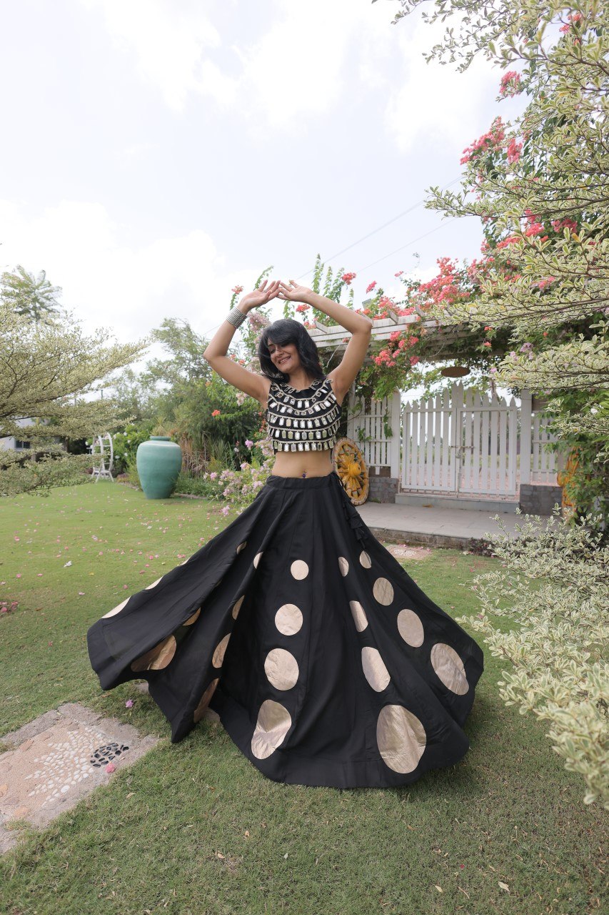 Navratri Special Roman Silk Lehenga Choli with Gota Work - Black