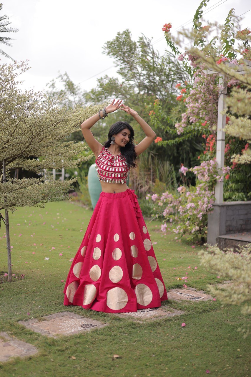 Navratri Special Roman Silk Lehenga Choli with Gota Work - Black