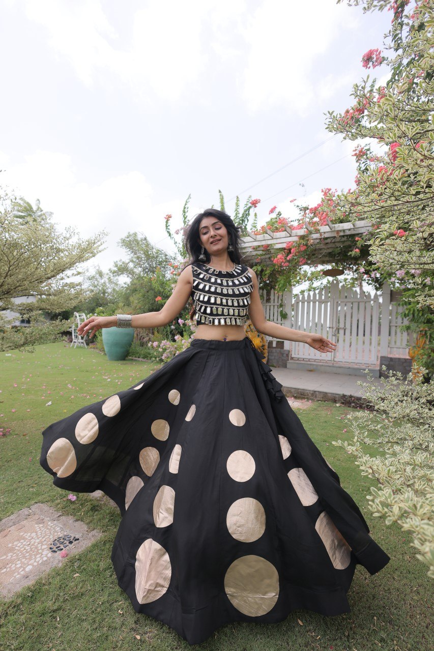 Navratri Special Roman Silk Lehenga Choli with Gota Work - Black