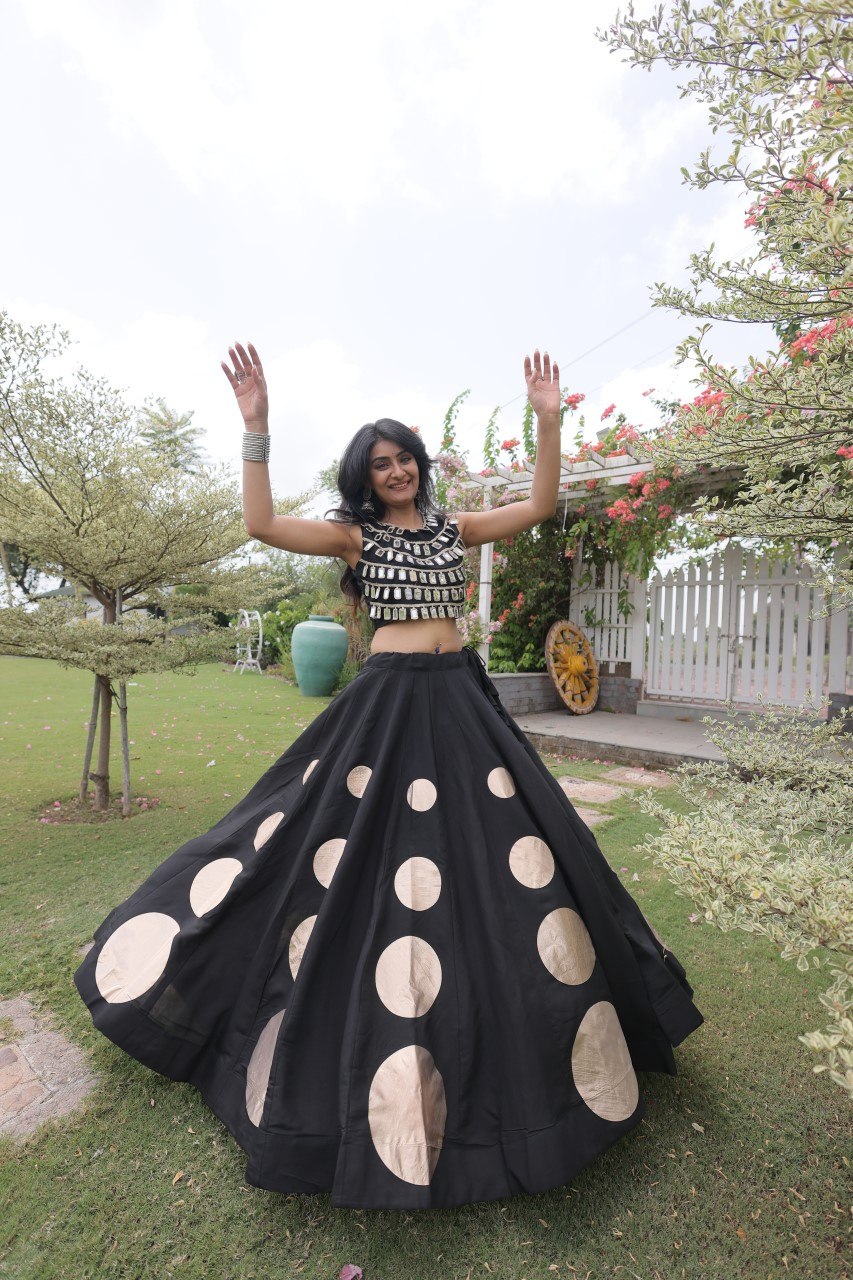 Navratri Special Roman Silk Lehenga Choli with Gota Work - Black
