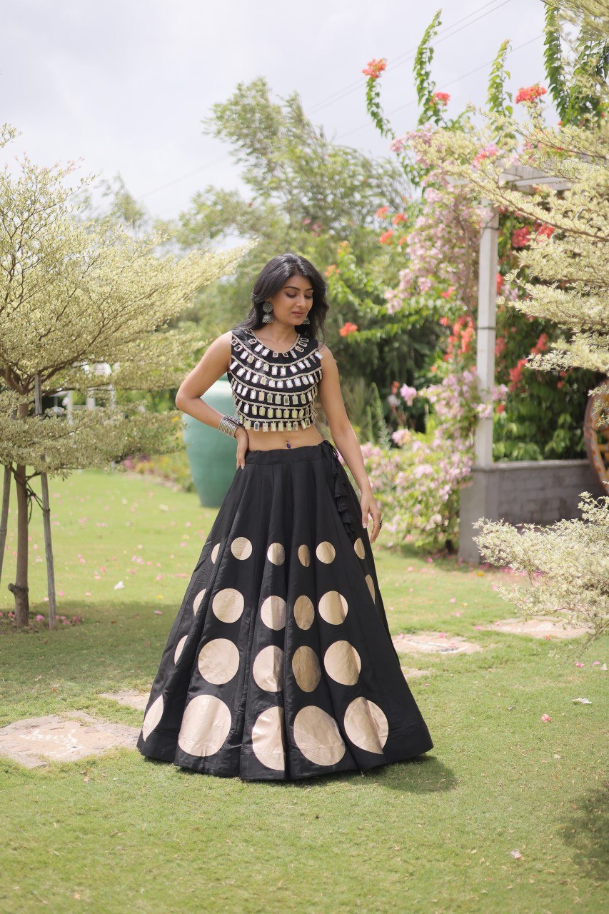 Navratri Special Roman Silk Lehenga Choli with Gota Work - Black