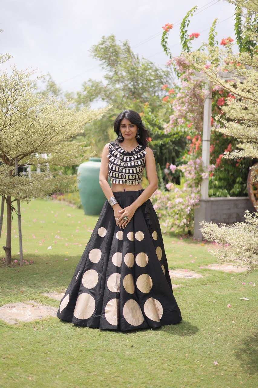 Navratri Special Roman Silk Lehenga Choli with Gota Work - Black