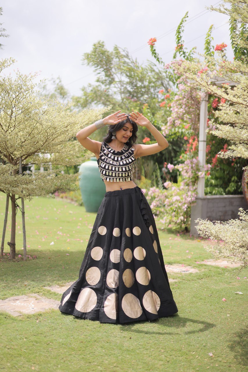 Navratri Special Roman Silk Lehenga Choli with Gota Work - Black