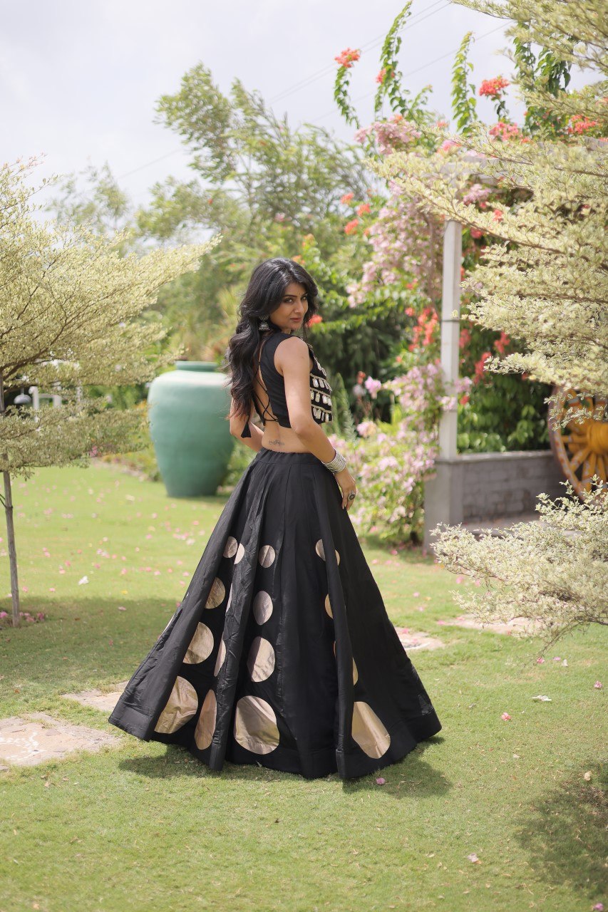 Navratri Special Roman Silk Lehenga Choli with Gota Work - Black
