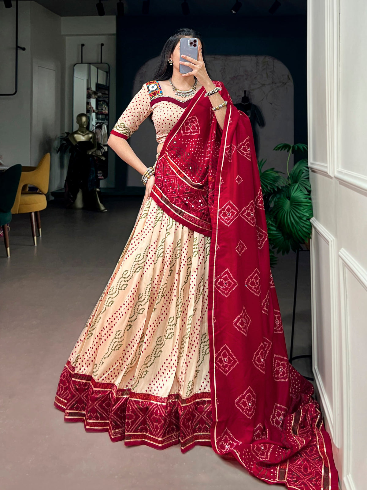 Navratri Special Tasar Silk Bandhej Print Lehenga Choli with Gamthi Work Blouse
