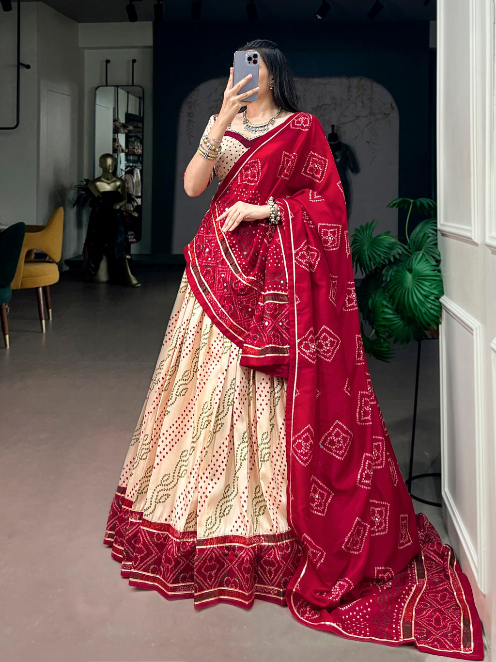 Navratri Special Tasar Silk Bandhej Print Lehenga Choli with Gamthi Work Blouse