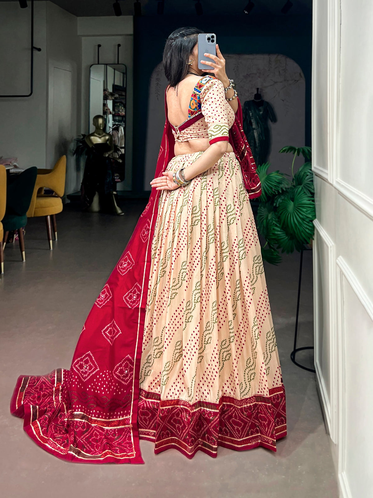 Navratri Special Tasar Silk Bandhej Print Lehenga Choli with Gamthi Work Blouse