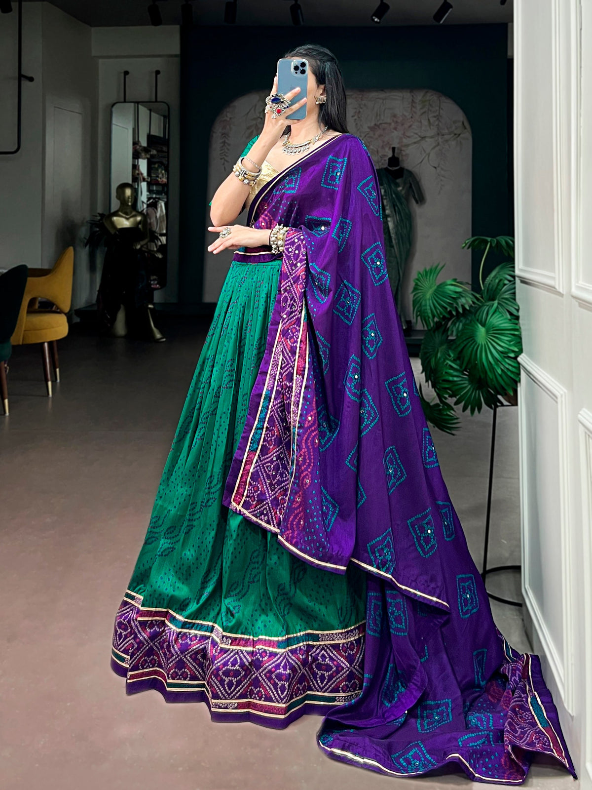 Navratri Special Tasar Silk Bandhej Print Lehenga Choli with Gamthi Work Blouse