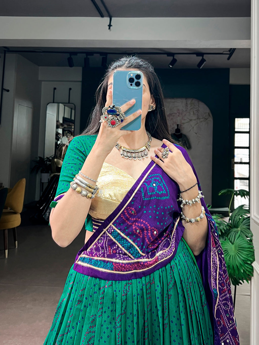 Navratri Special Tasar Silk Bandhej Print Lehenga Choli with Gamthi Work Blouse