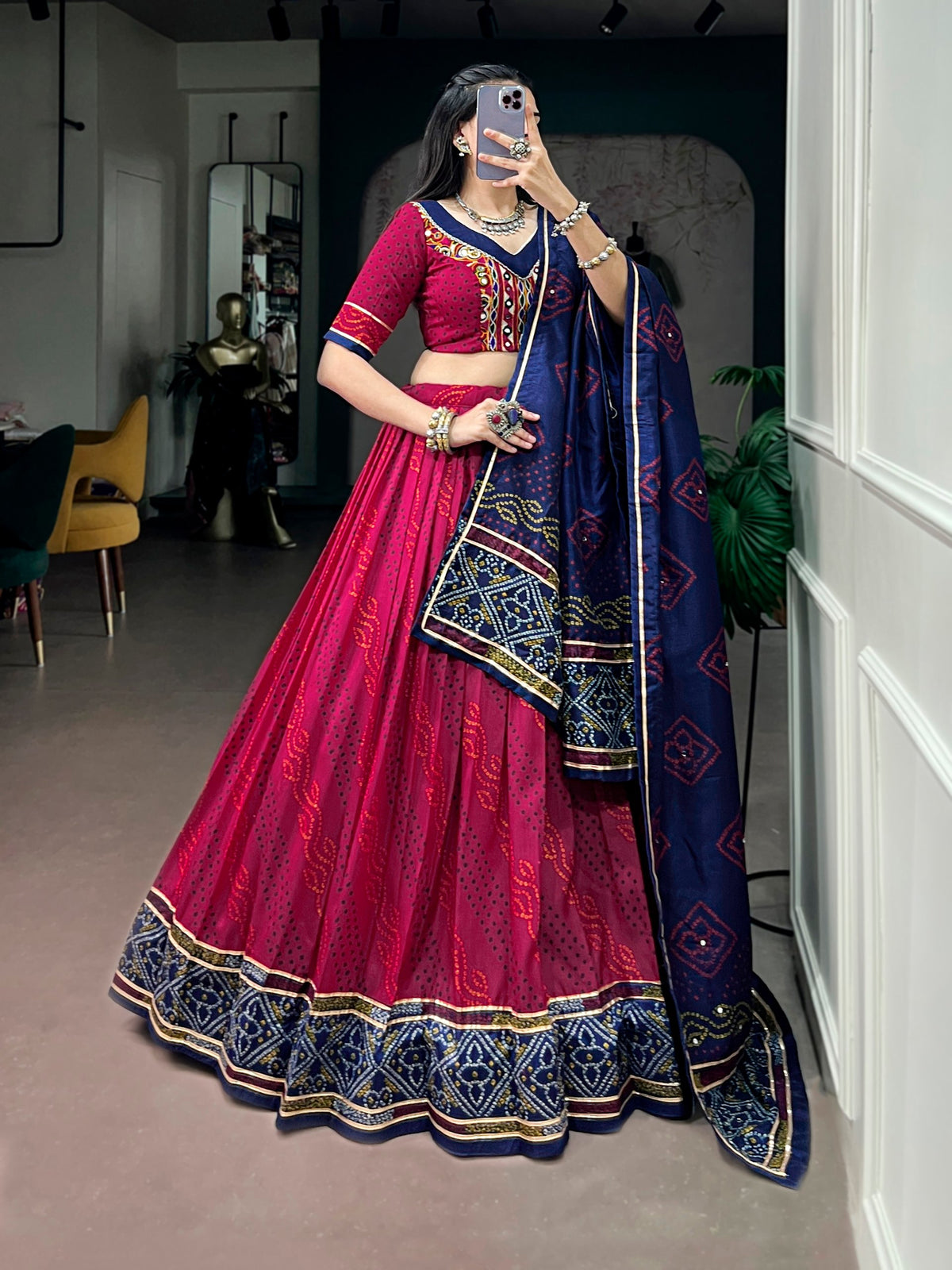 Navratri Special Tasar Silk Bandhej Print Lehenga Choli with Gamthi Work Blouse
