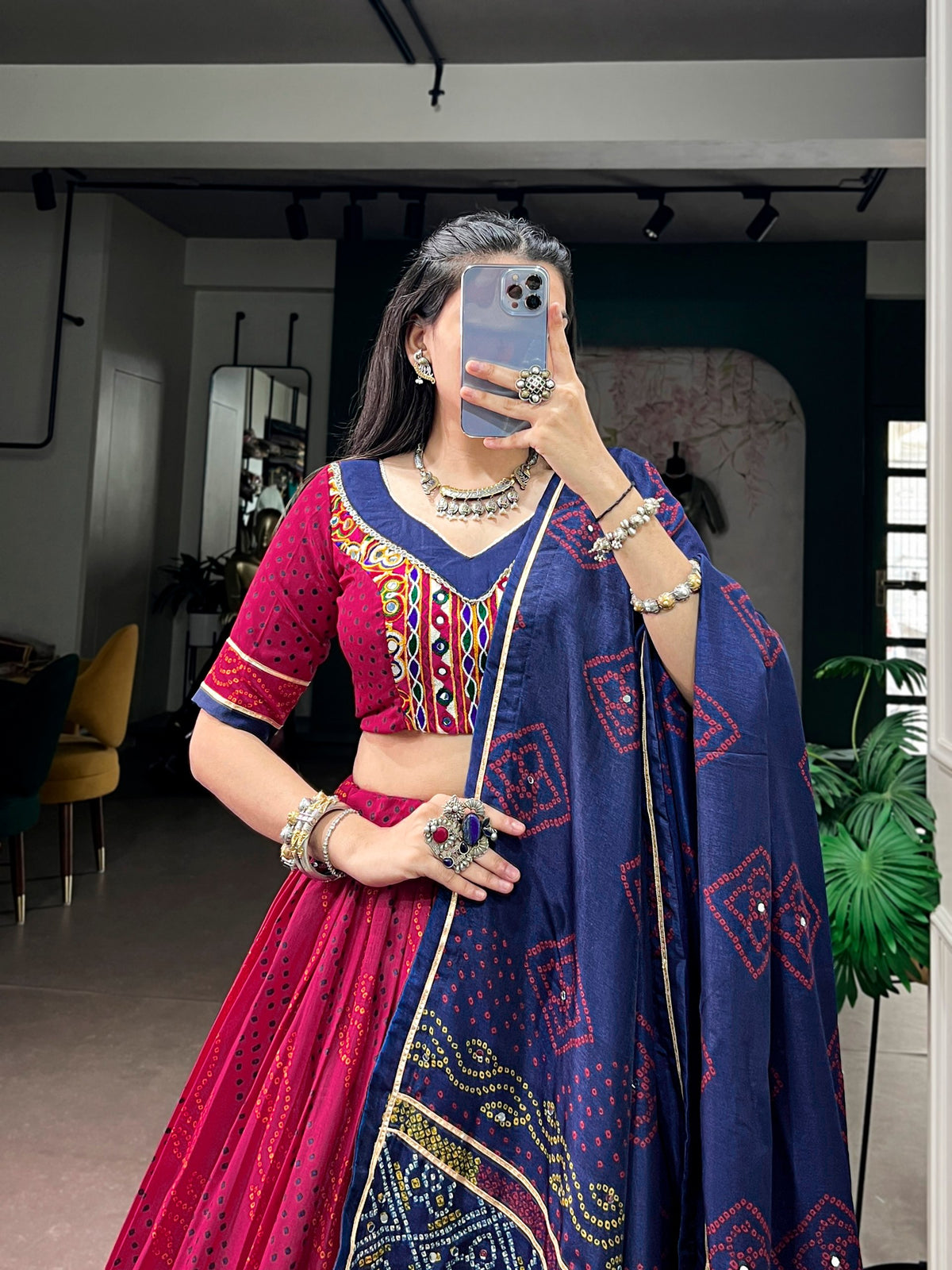 Navratri Special Tasar Silk Bandhej Print Lehenga Choli with Gamthi Work Blouse