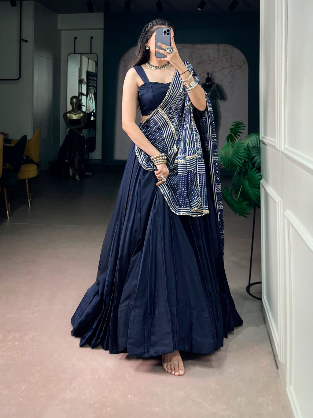 Navy Blue Moonga Silk Lehenga Choli with Printed Satin Dupatta