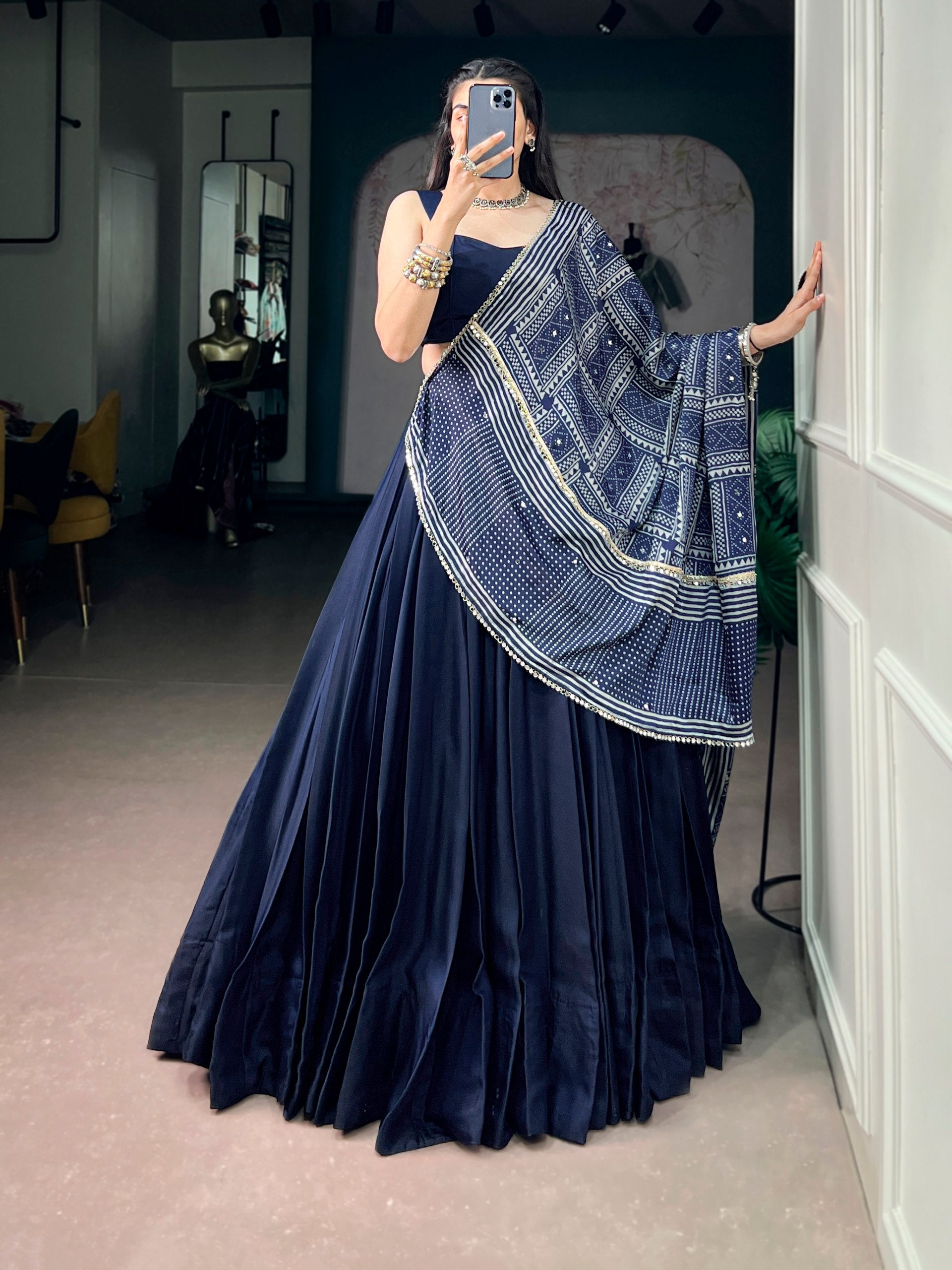Navy Blue Moonga Silk Lehenga Choli with Printed Satin Dupatta