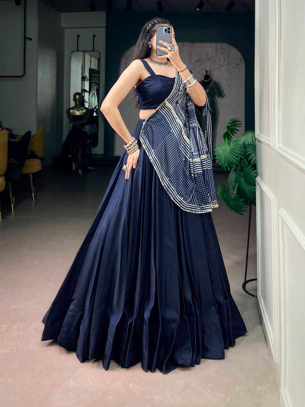 Navy Blue Moonga Silk Lehenga Choli with Printed Satin Dupatta