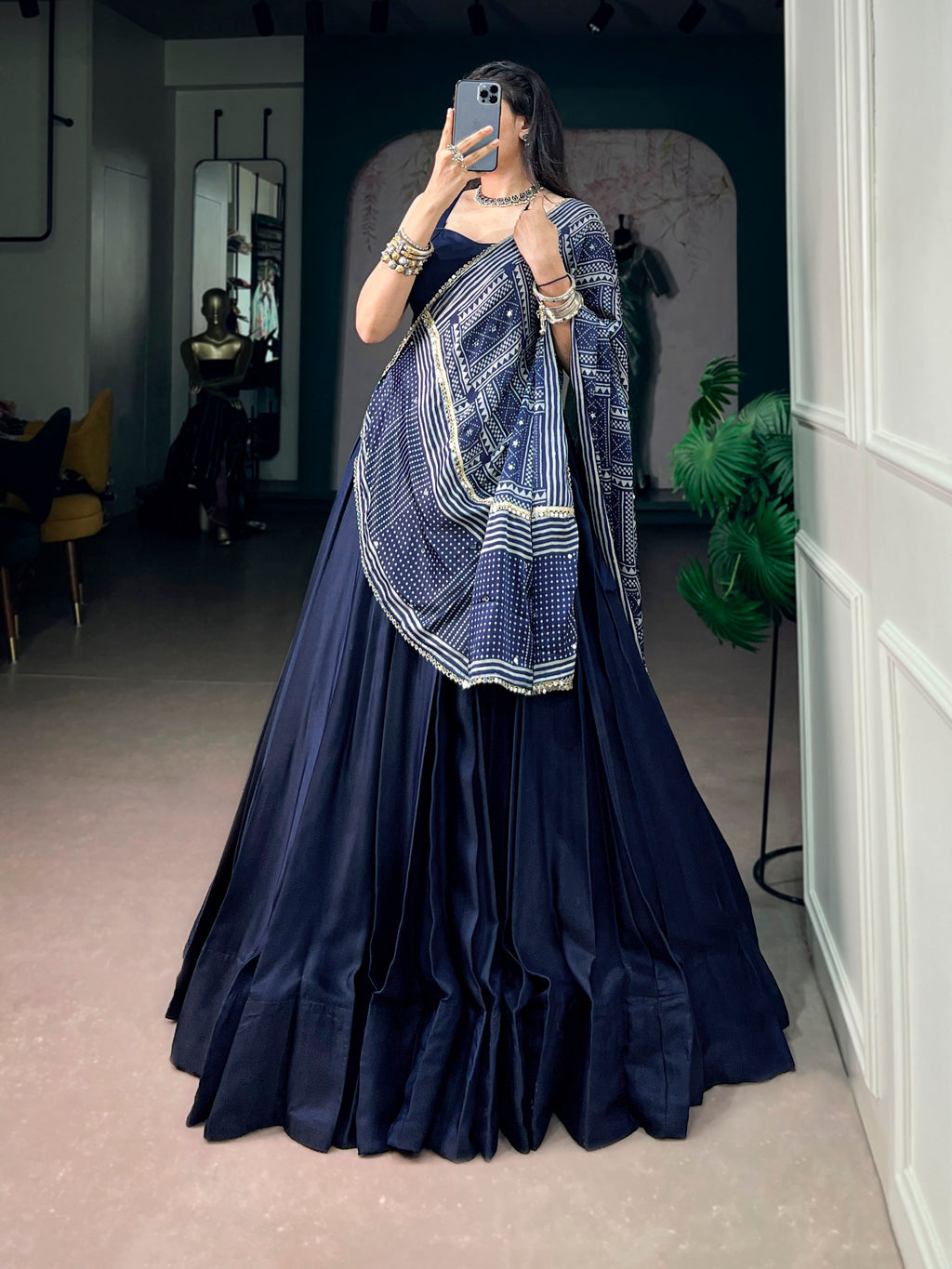 Navy Blue Moonga Silk Lehenga Choli with Printed Satin Dupatta