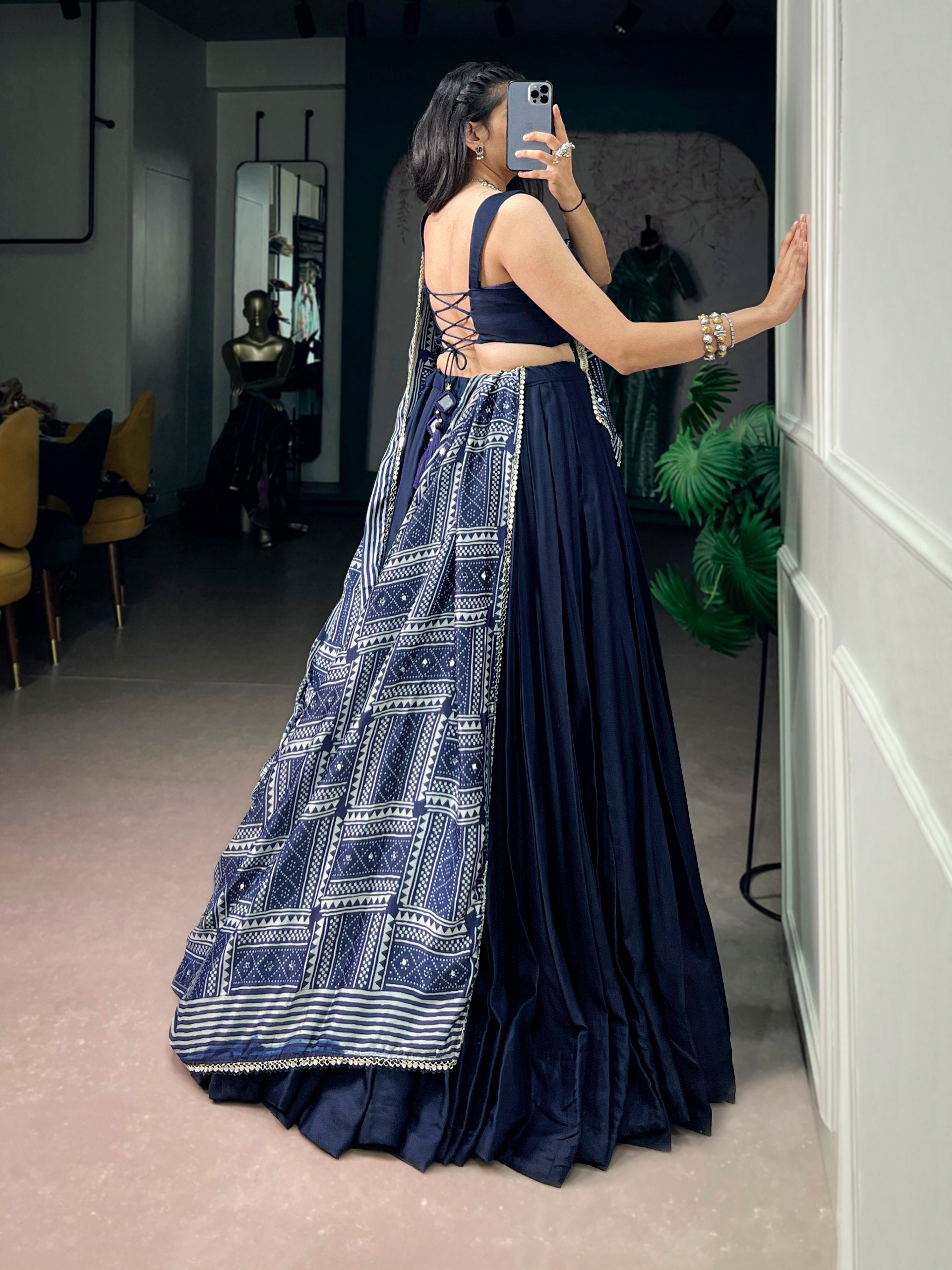 Navy Blue Moonga Silk Lehenga Choli with Printed Satin Dupatta