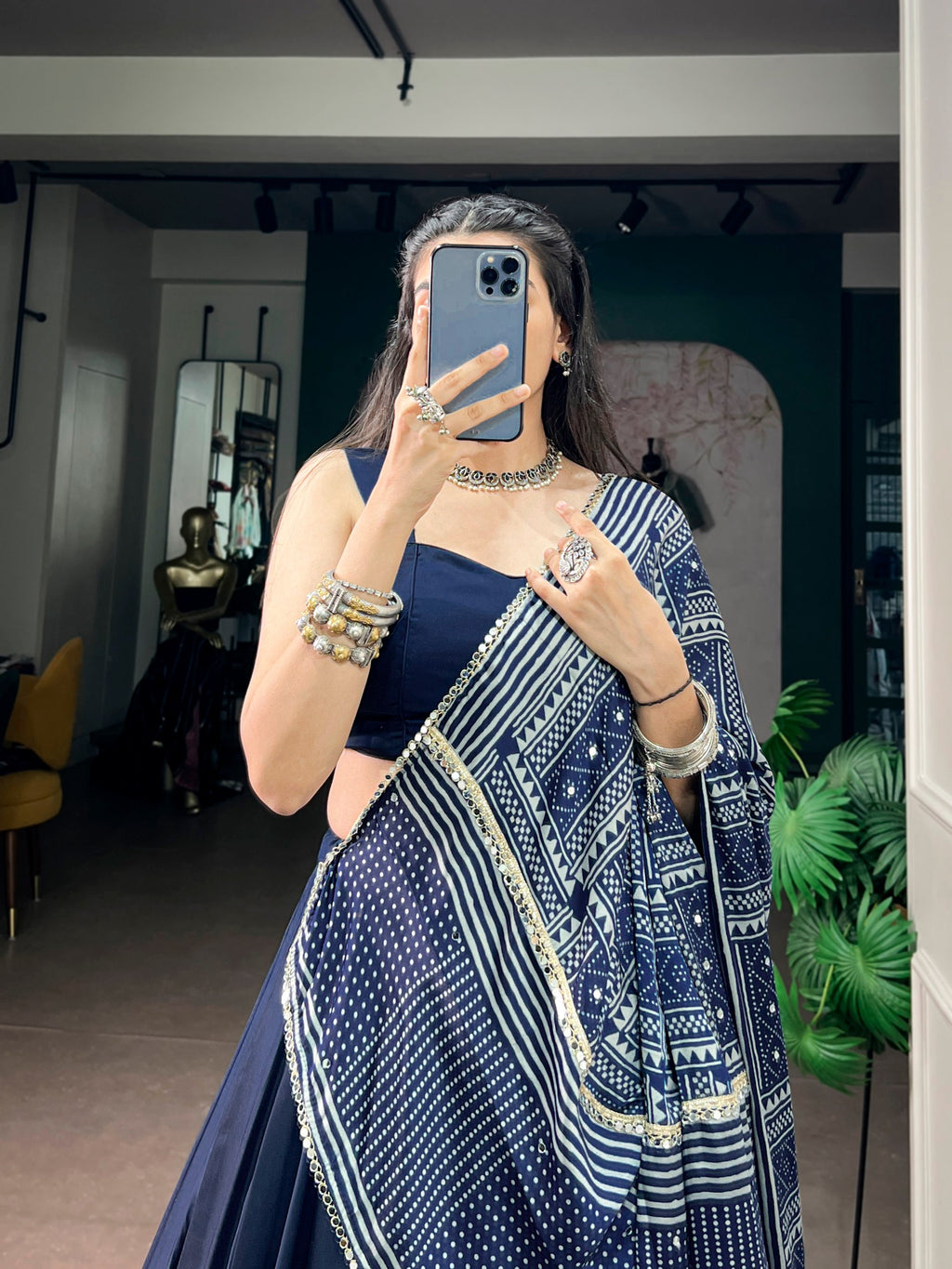 Navy Blue Moonga Silk Lehenga Choli with Printed Satin Dupatta
