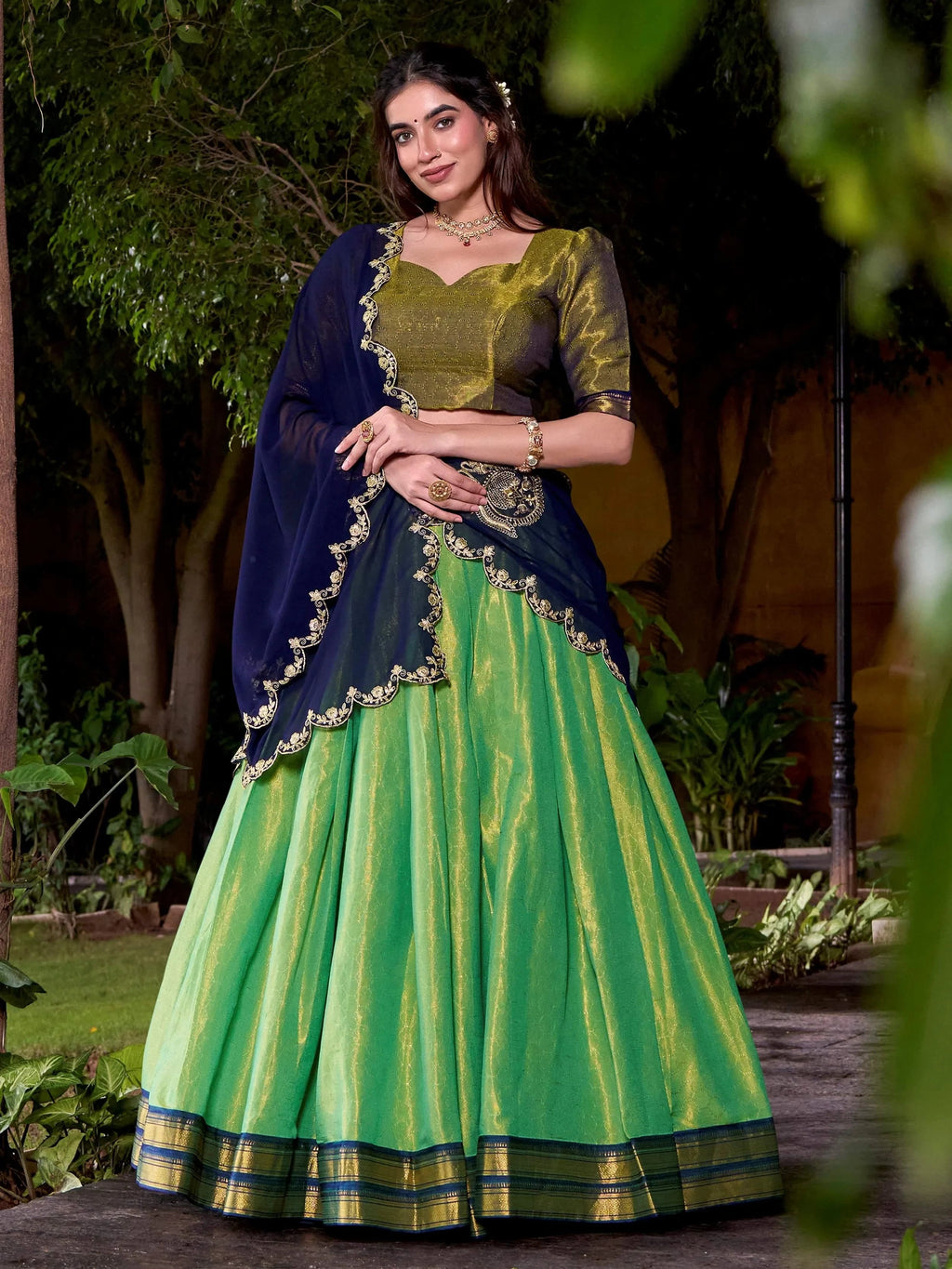 Green Magnetic Kanchipuram Silk Zari Weaving Half Saree Lehenga