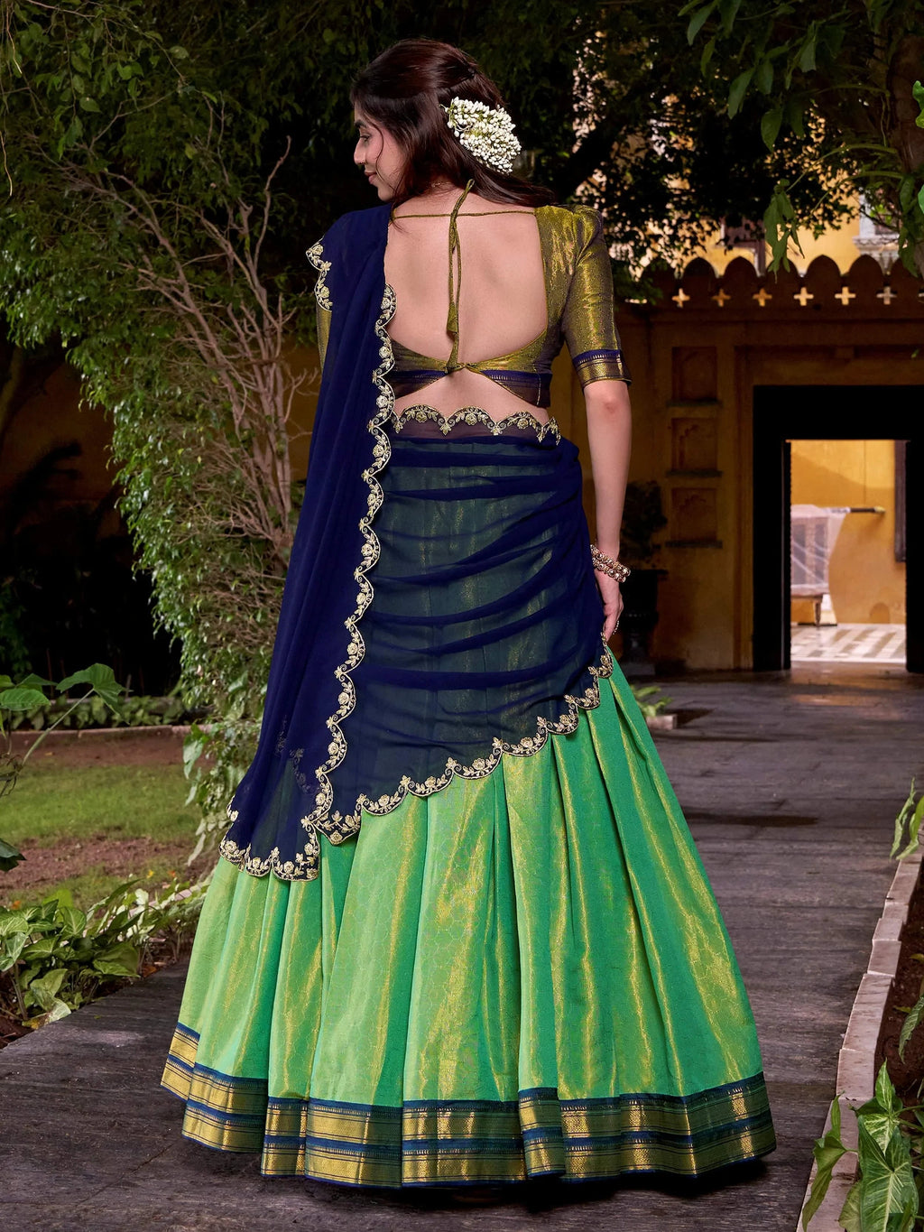 Green Magnetic Kanchipuram Silk Zari Weaving Half Saree Lehenga