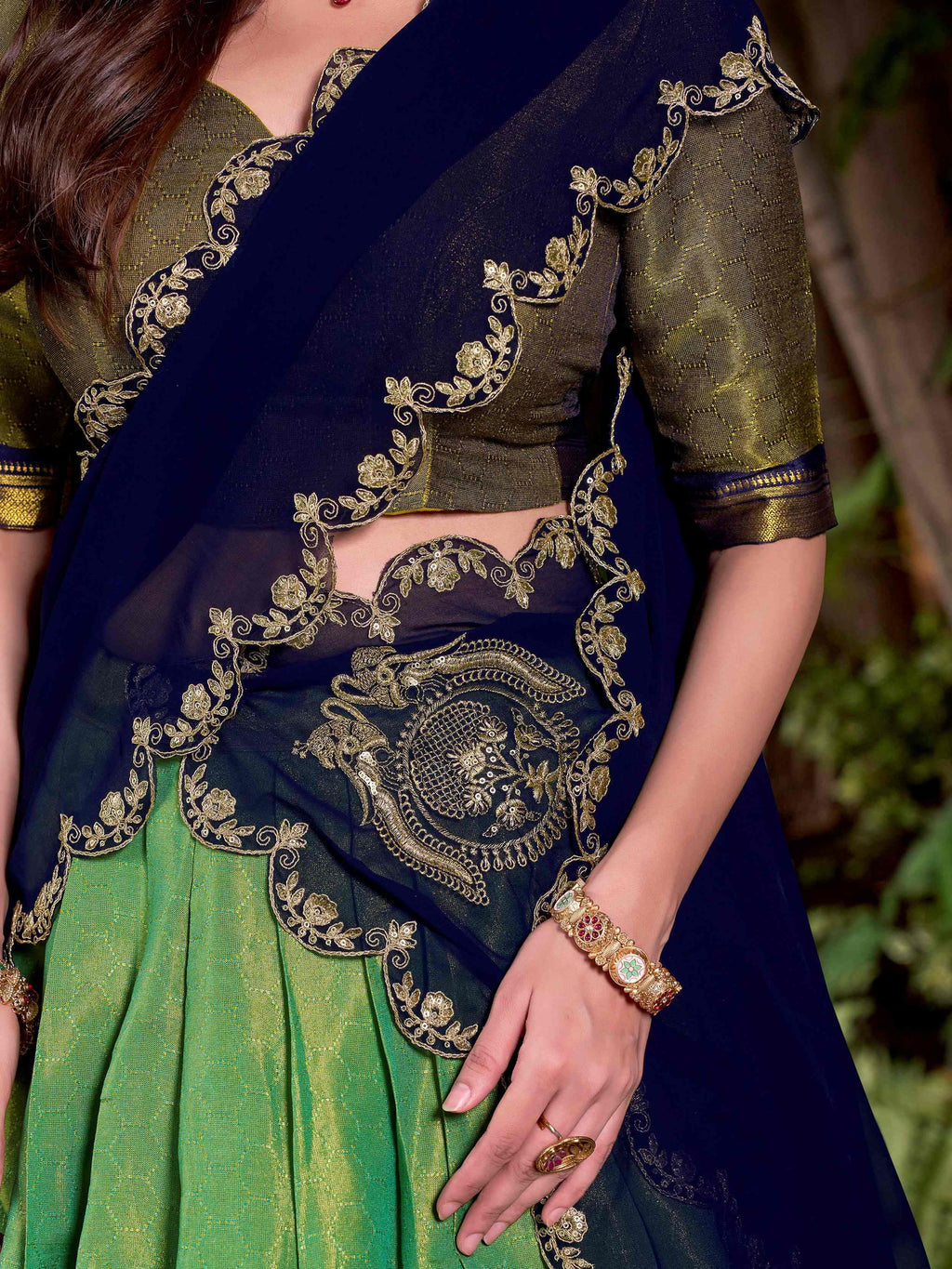 Green Magnetic Kanchipuram Silk Zari Weaving Half Saree Lehenga