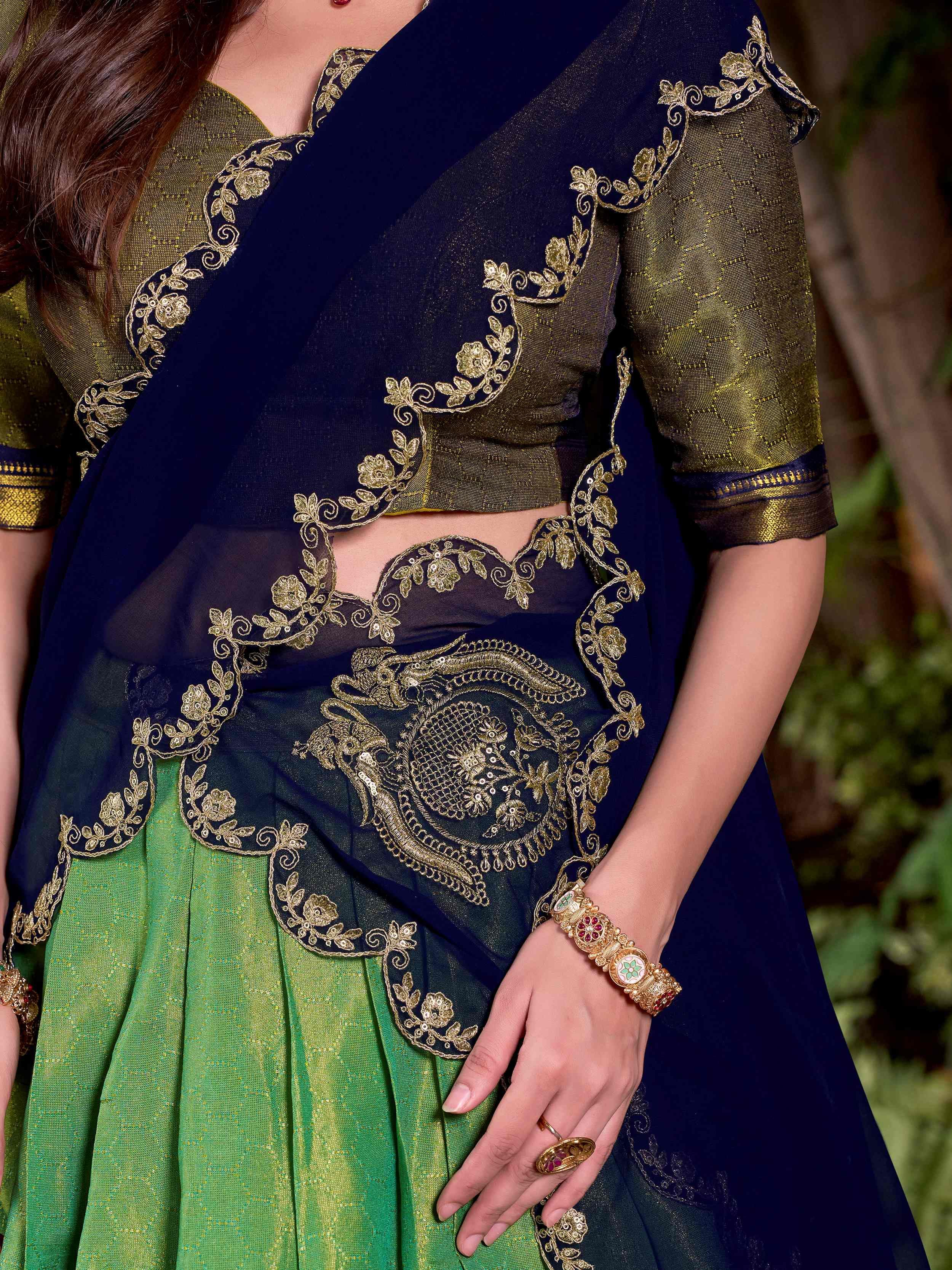 Green Magnetic Kanchipuram Silk Zari Weaving Half Saree Lehenga