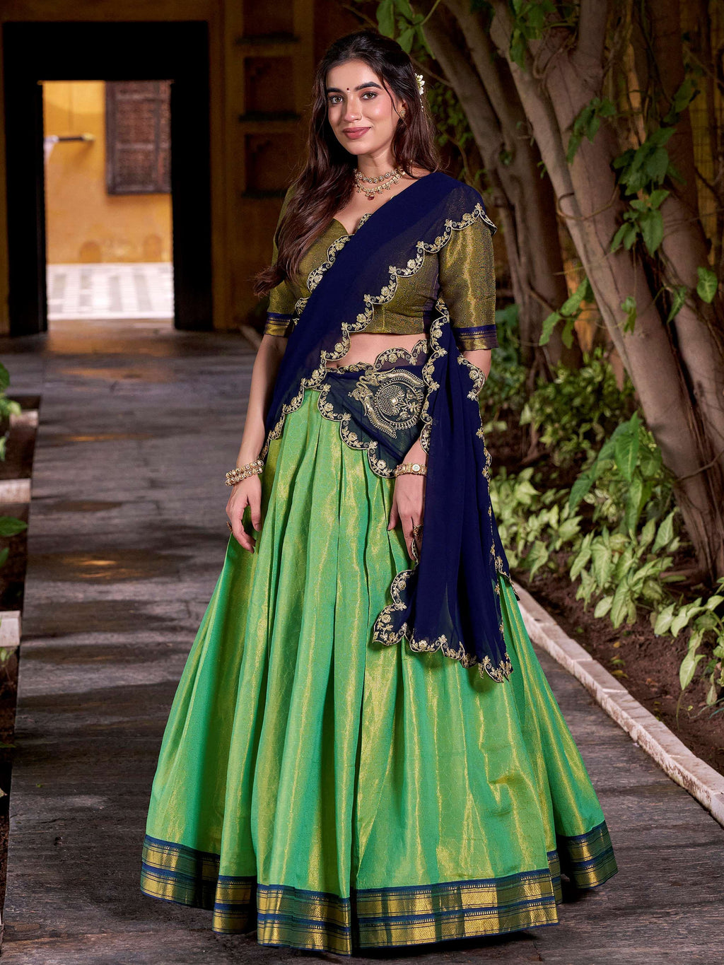 Green Magnetic Kanchipuram Silk Zari Weaving Half Saree Lehenga