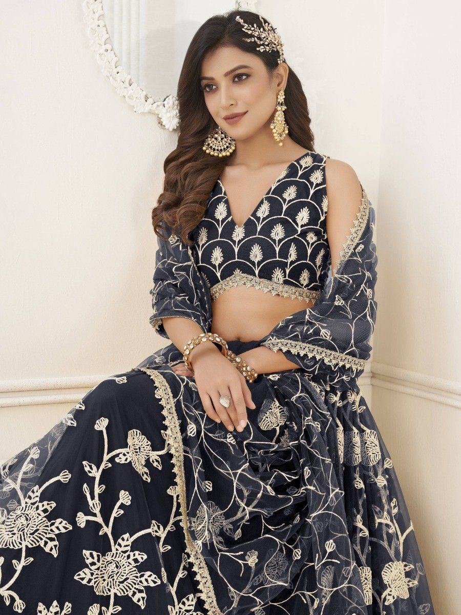 Black Appealing Embroidered Net Haldi Wear Lehenga Choli