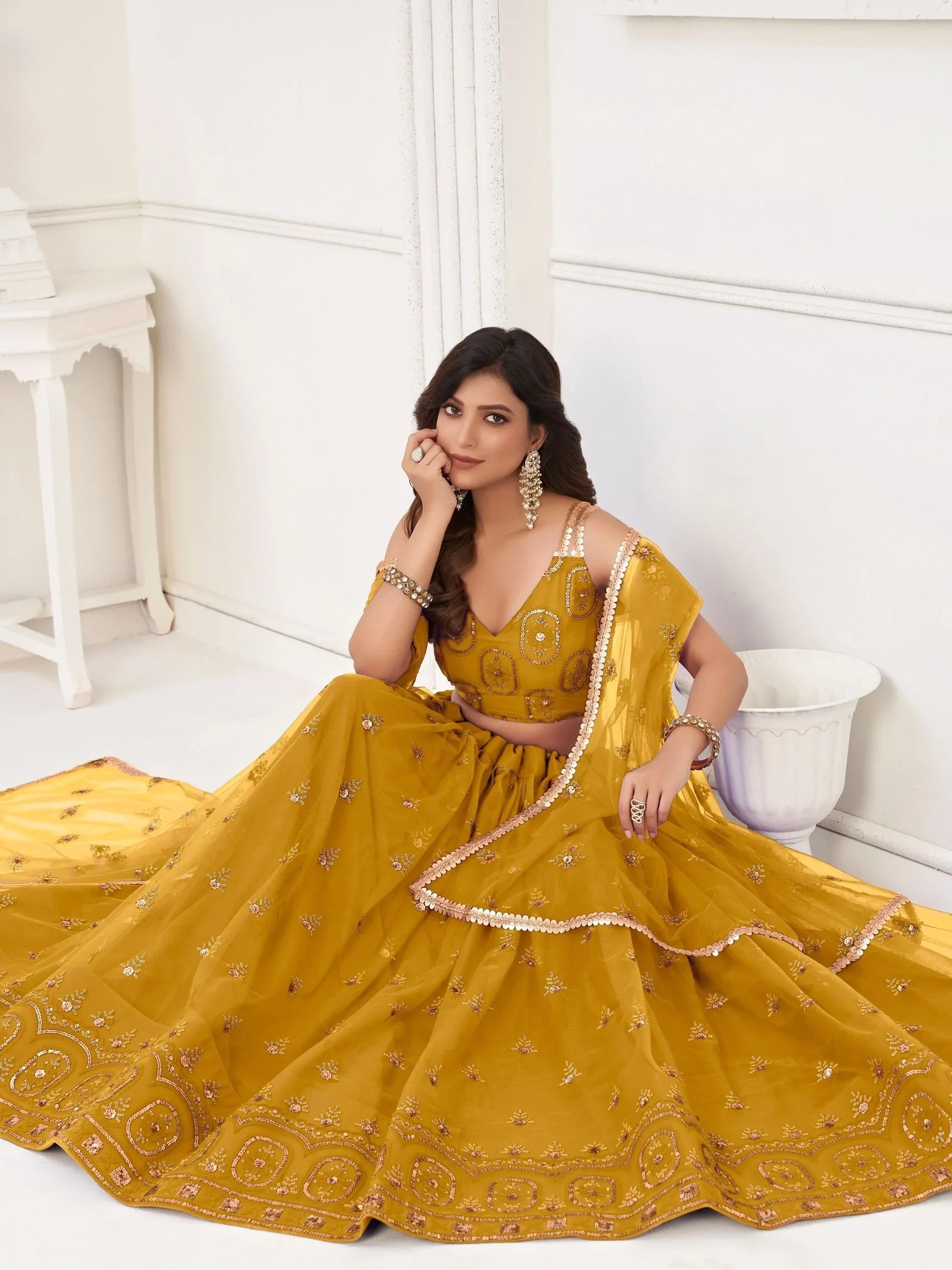 Yellow Pretty Sequins Butterfly Net Party Wear Lehenga Choli
