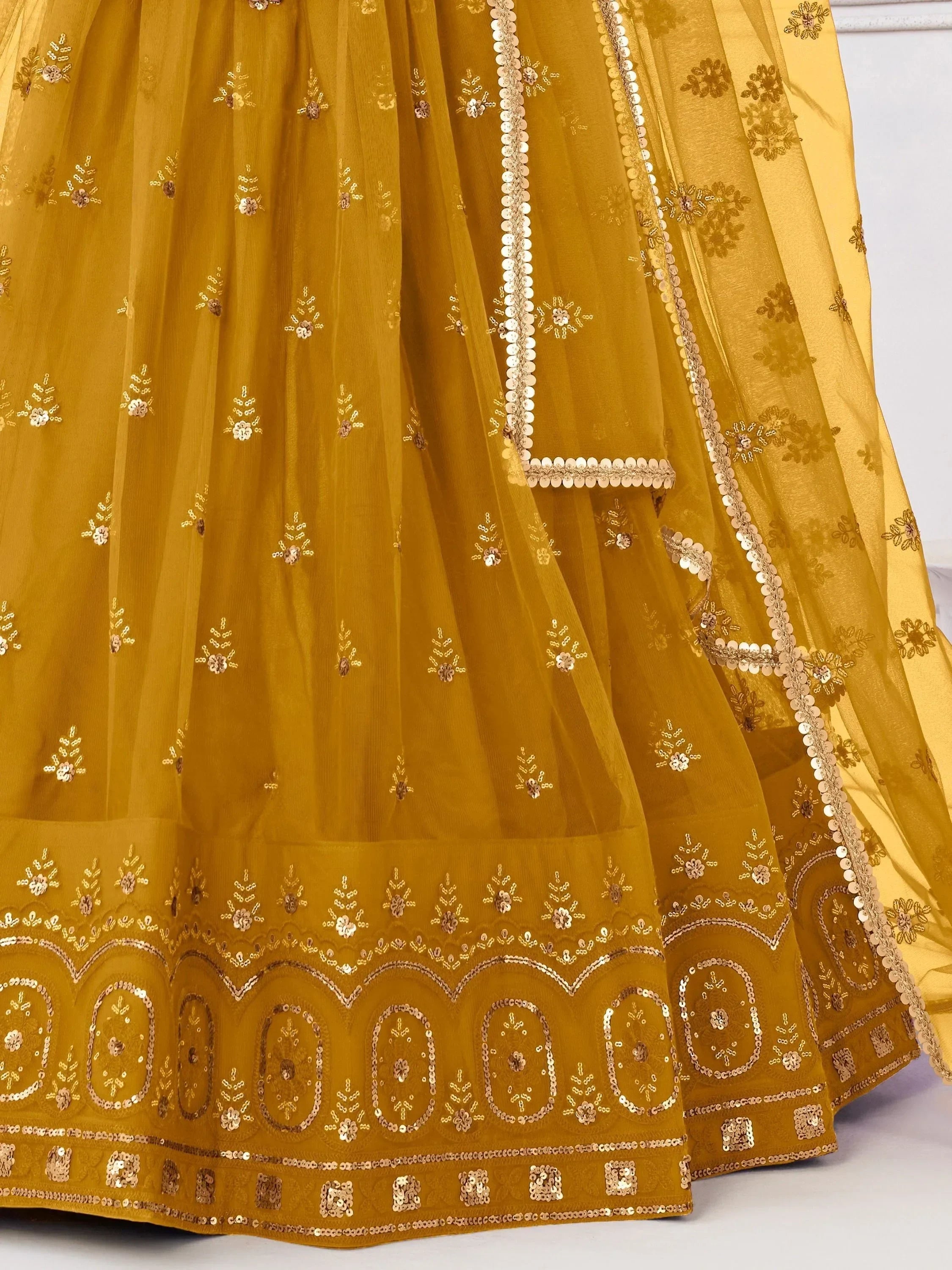 Yellow Pretty Sequins Butterfly Net Party Wear Lehenga Choli