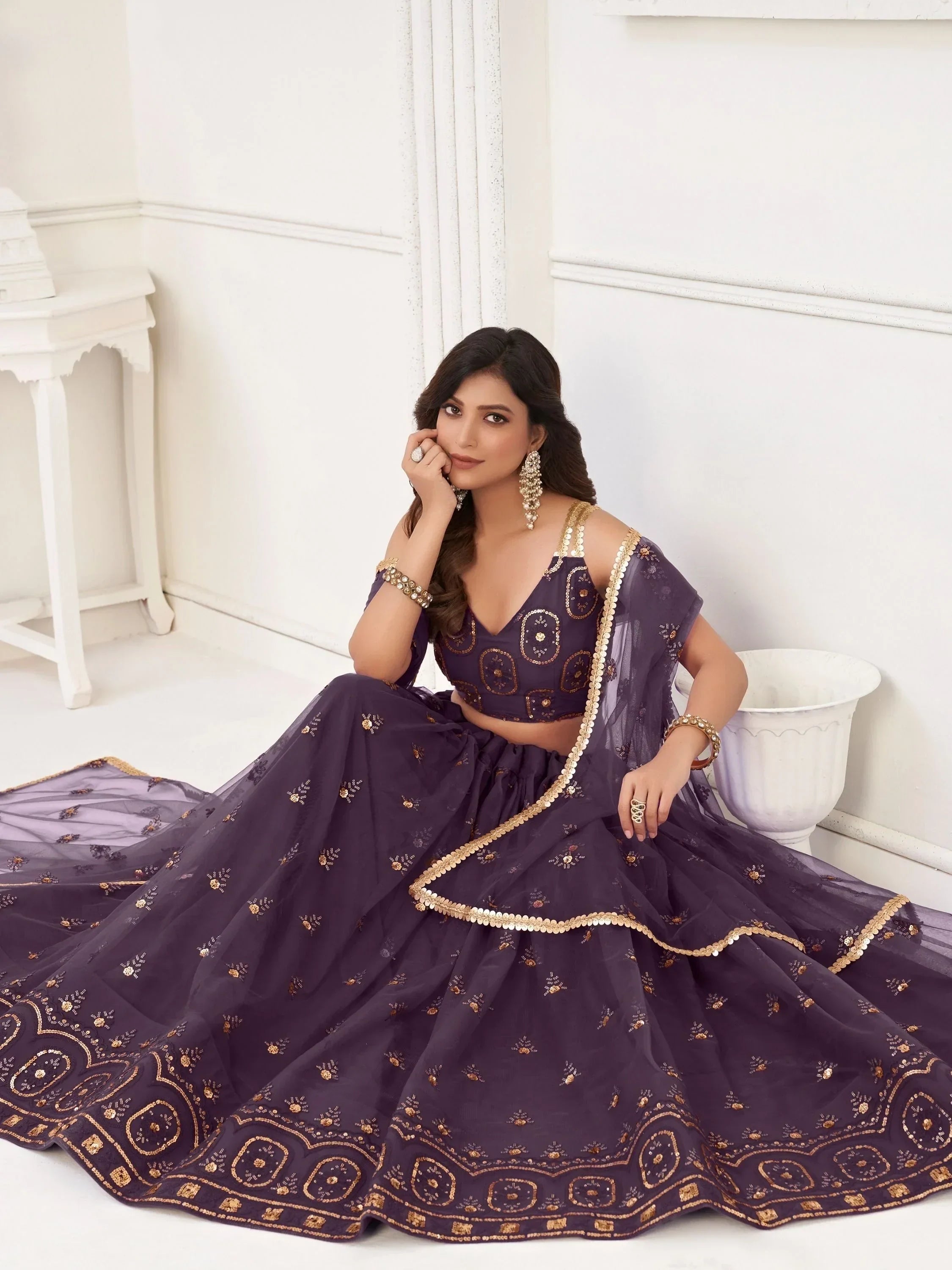 Adorable Purple Sequins Net Function Wear Lehenga Choli With Dupatta