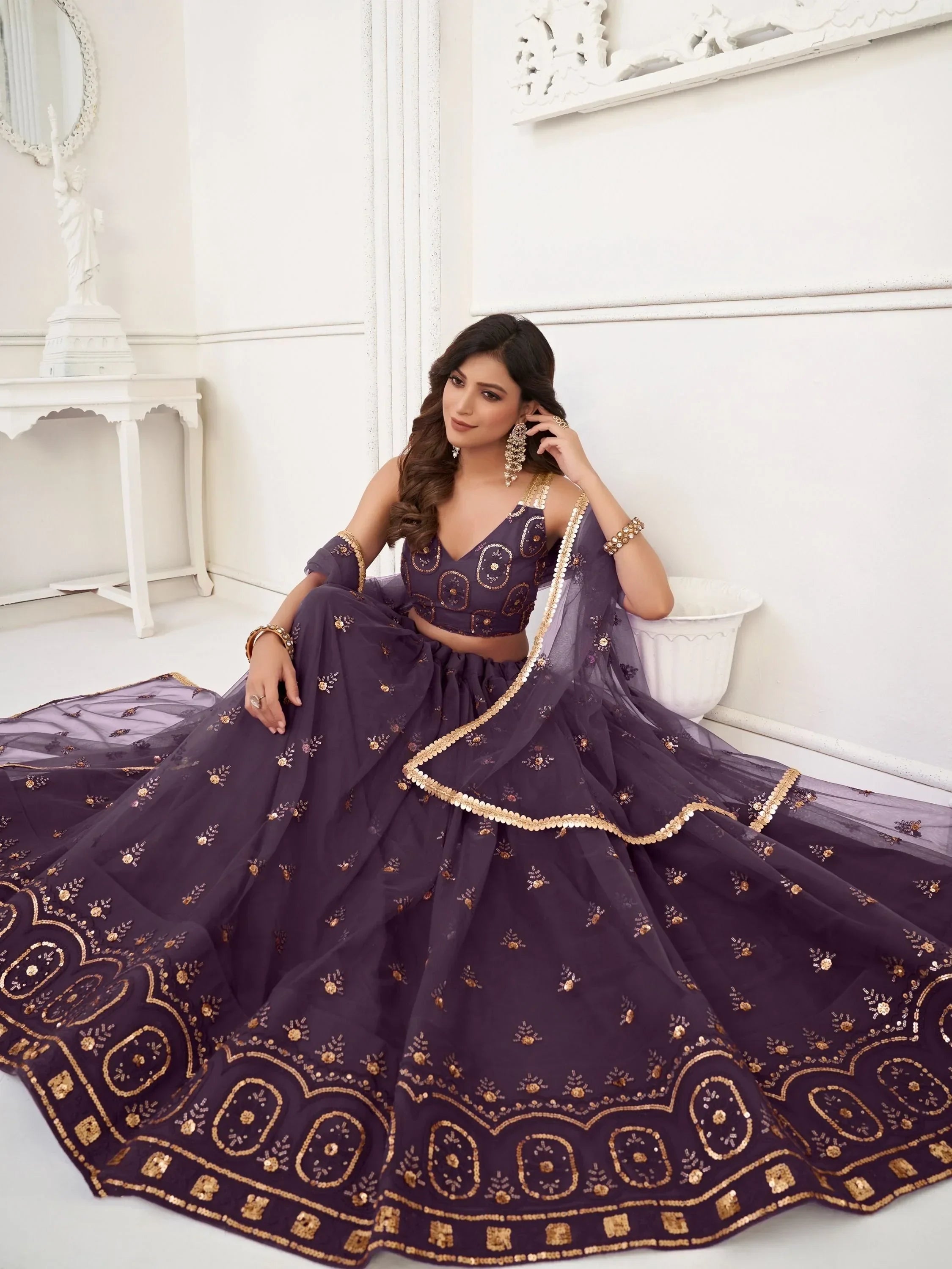 Adorable Purple Sequins Net Function Wear Lehenga Choli With Dupatta