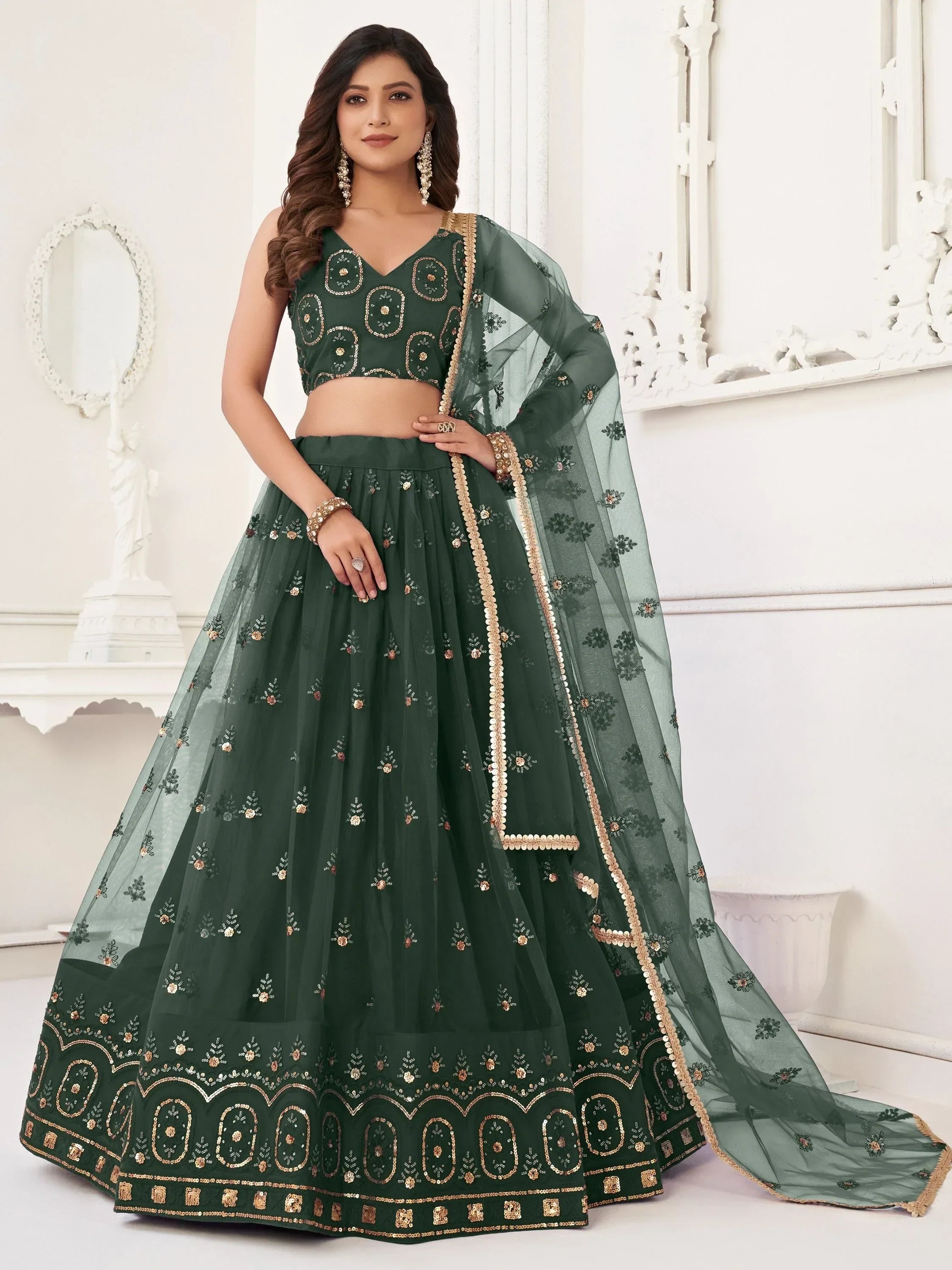 Green Pretty Sequins Butterfly Net Party Wear Lehenga Choli