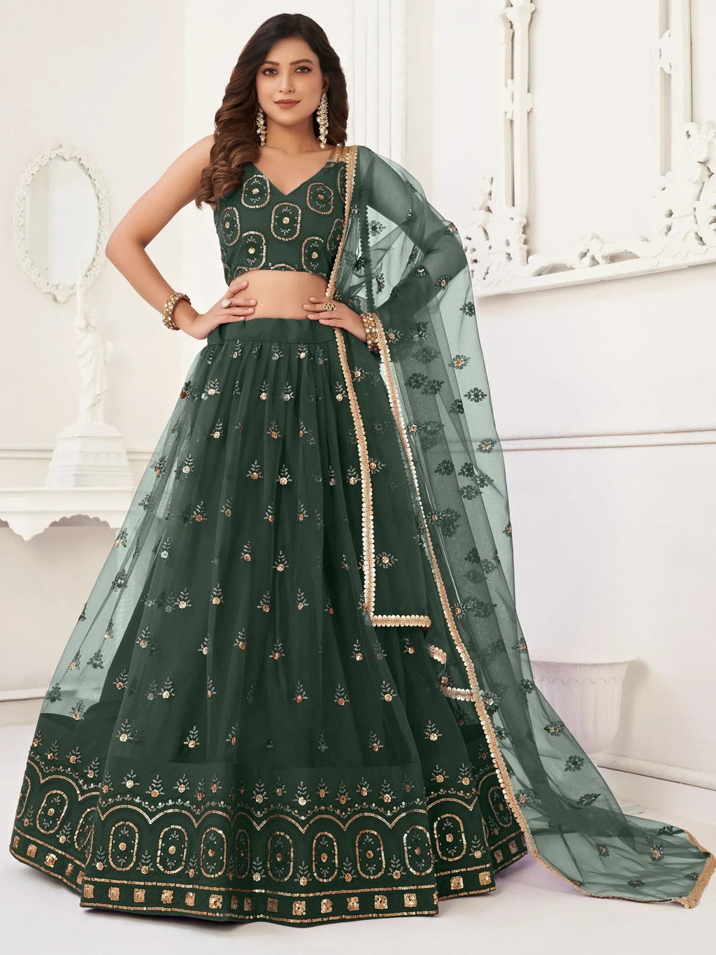Green Pretty Sequins Butterfly Net Party Wear Lehenga Choli