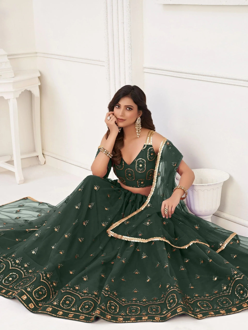Green Pretty Sequins Butterfly Net Party Wear Lehenga Choli