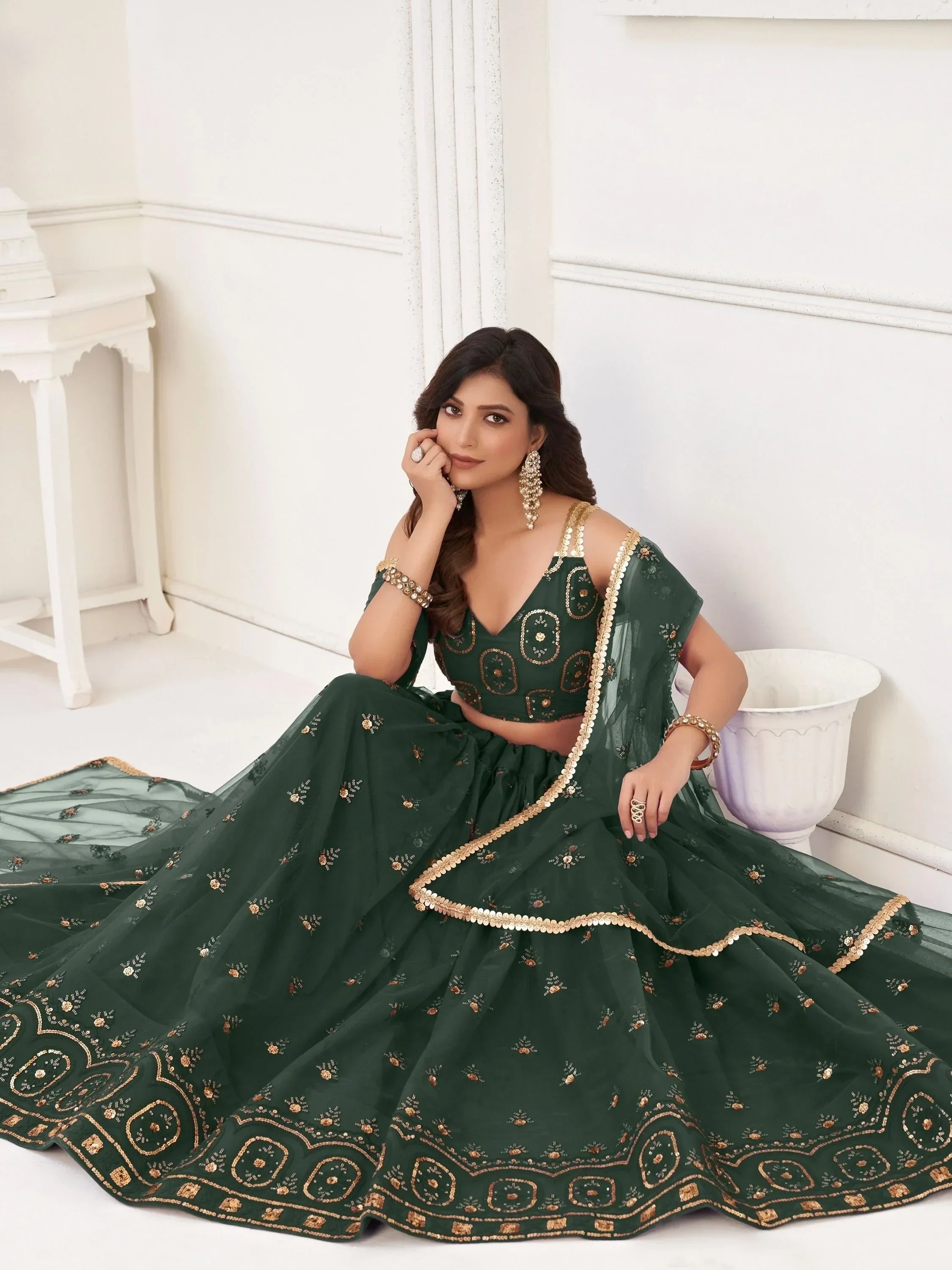 Green Pretty Sequins Butterfly Net Party Wear Lehenga Choli