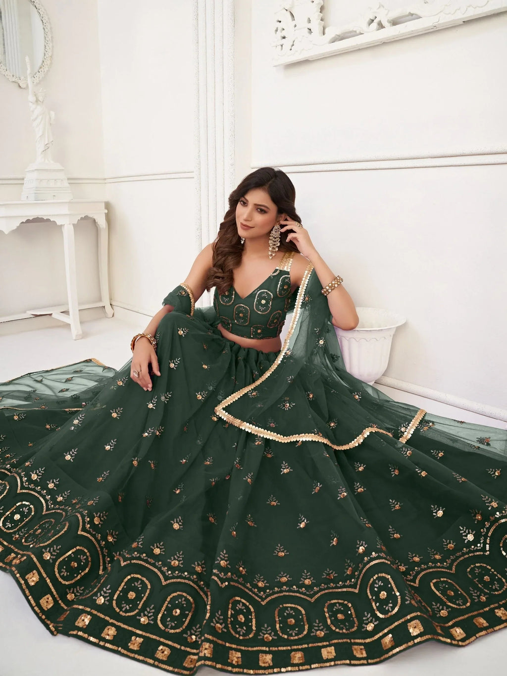 Green Pretty Sequins Butterfly Net Party Wear Lehenga Choli