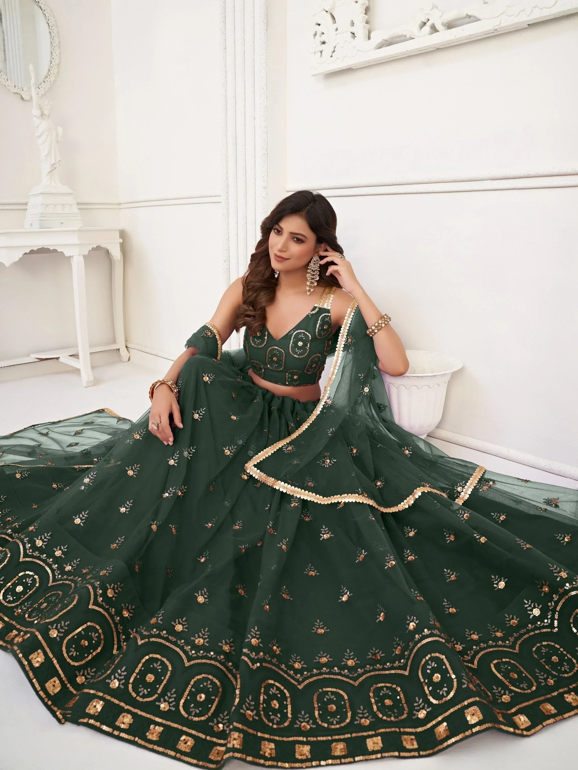 Green Pretty Sequins Butterfly Net Party Wear Lehenga Choli