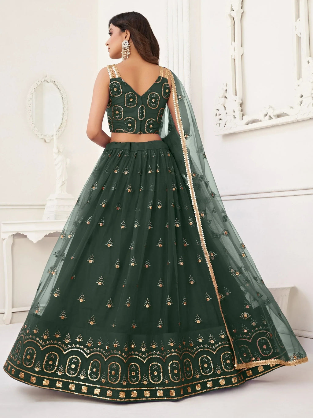 Green Pretty Sequins Butterfly Net Party Wear Lehenga Choli