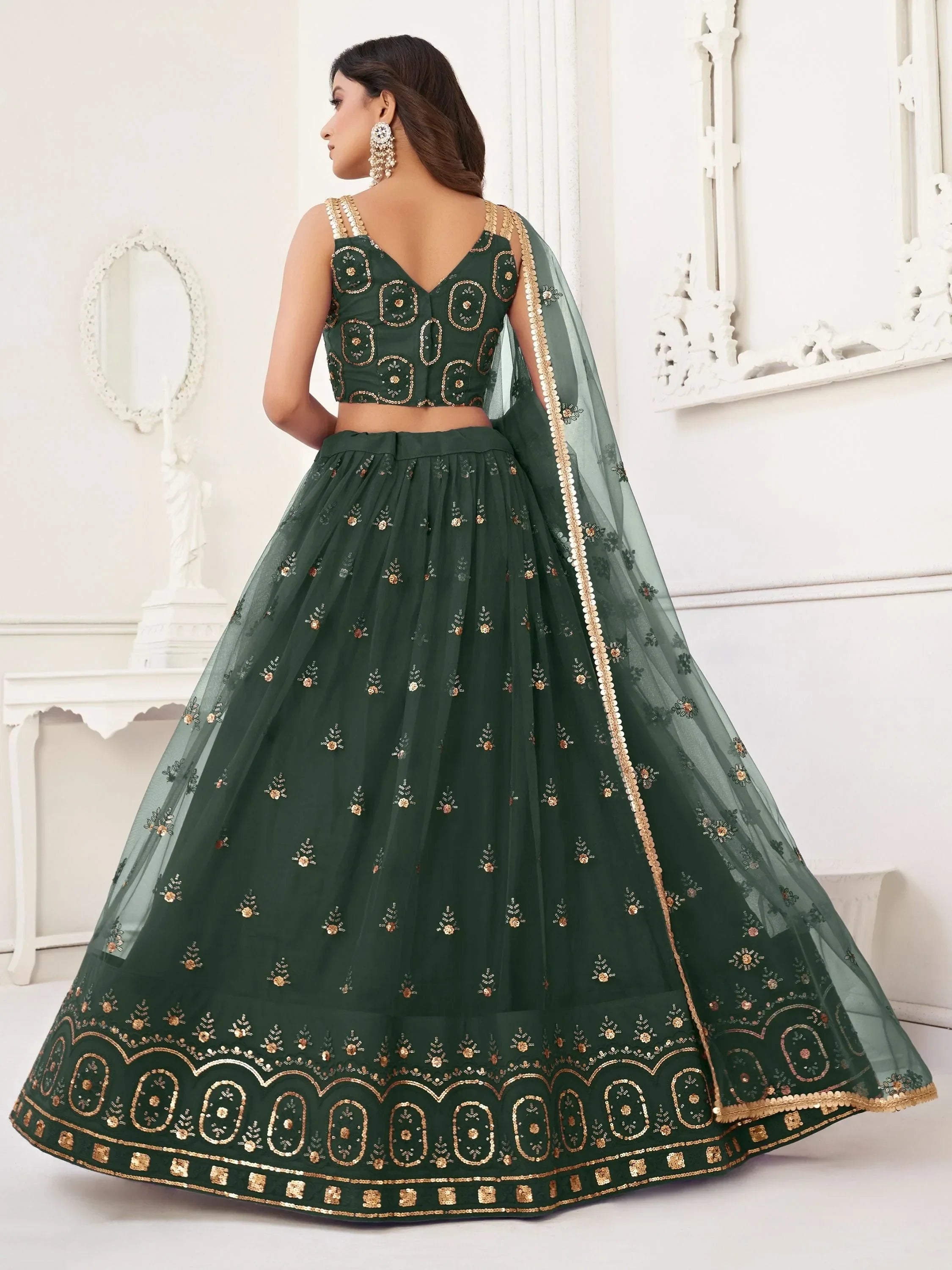 Green Pretty Sequins Butterfly Net Party Wear Lehenga Choli