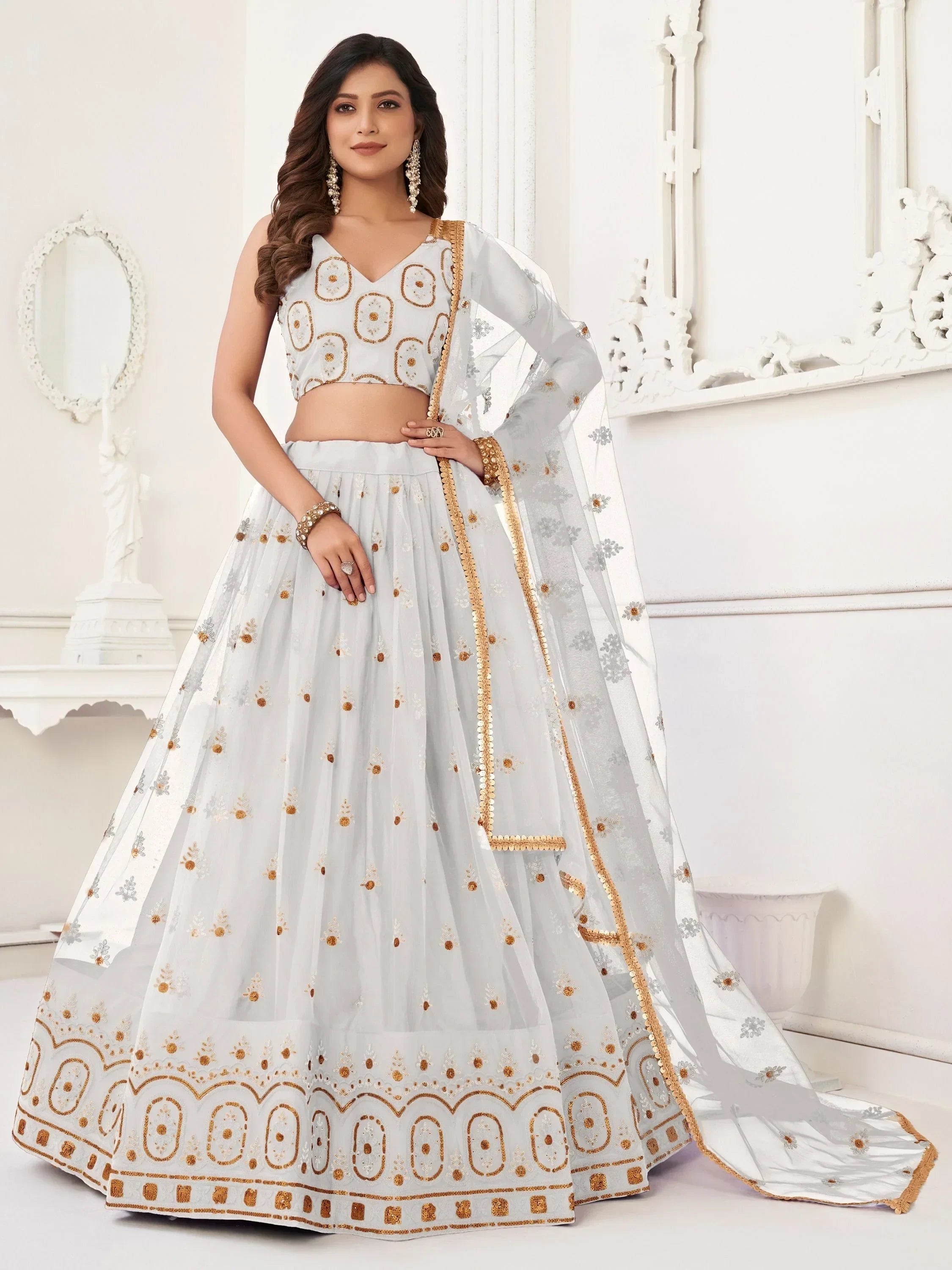 White Pretty Sequins Butterfly Net Party Wear Lehenga Choli
