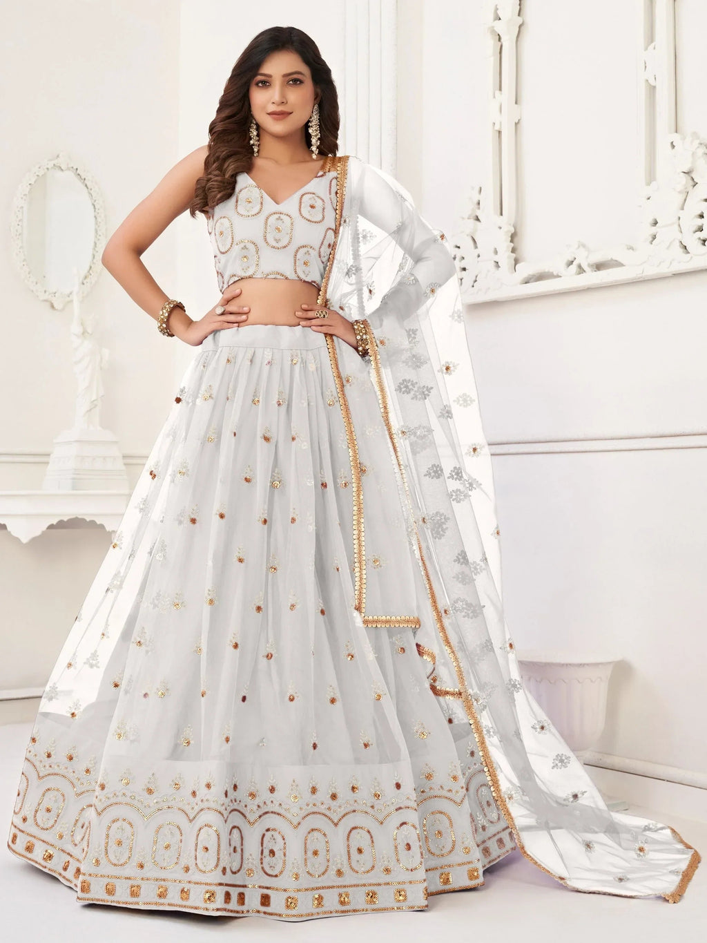 White Pretty Sequins Butterfly Net Party Wear Lehenga Choli