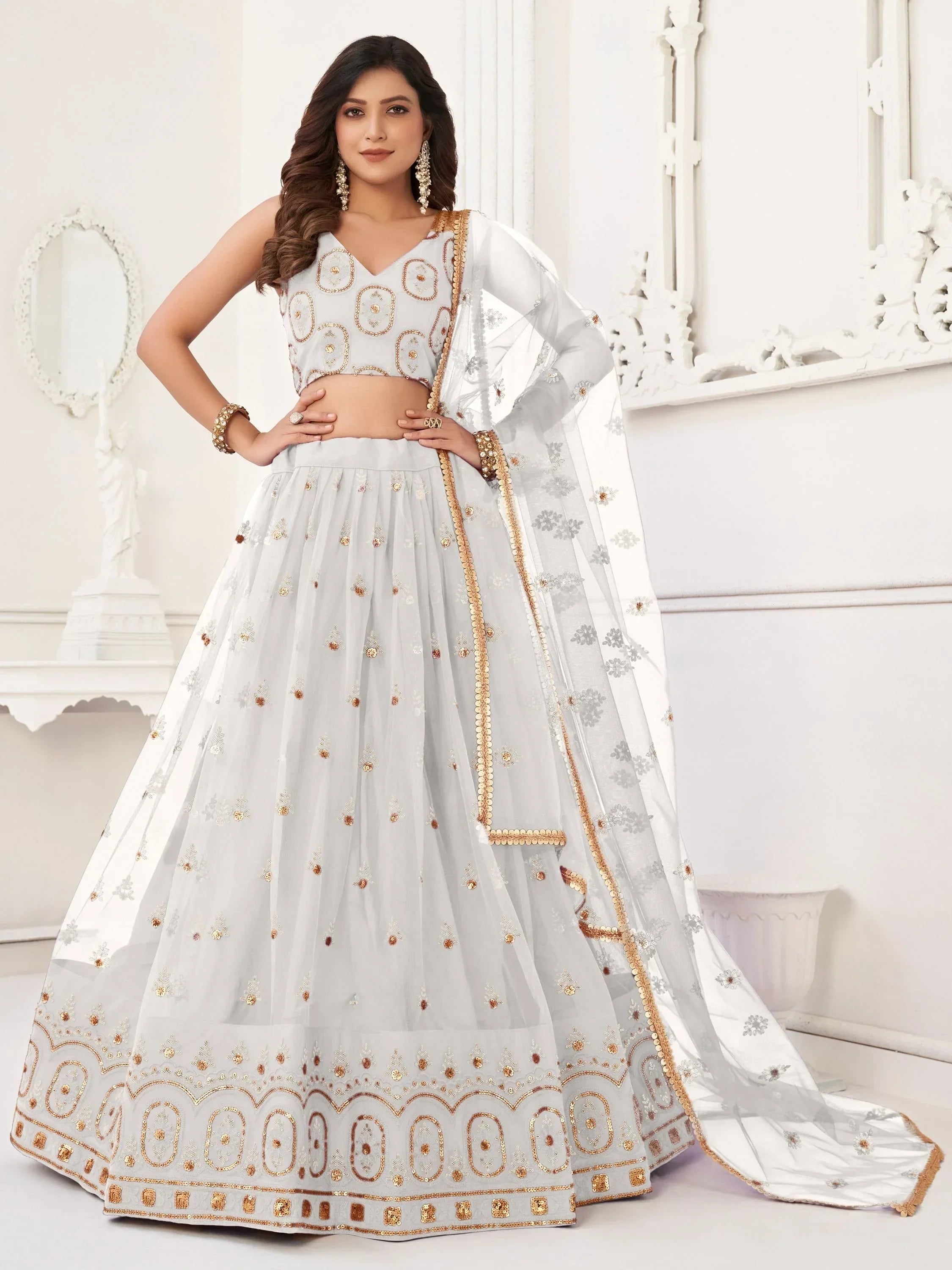 White Pretty Sequins Butterfly Net Party Wear Lehenga Choli