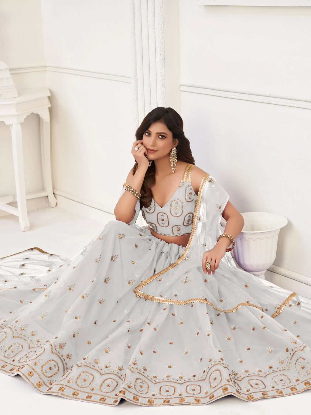 White Pretty Sequins Butterfly Net Party Wear Lehenga Choli