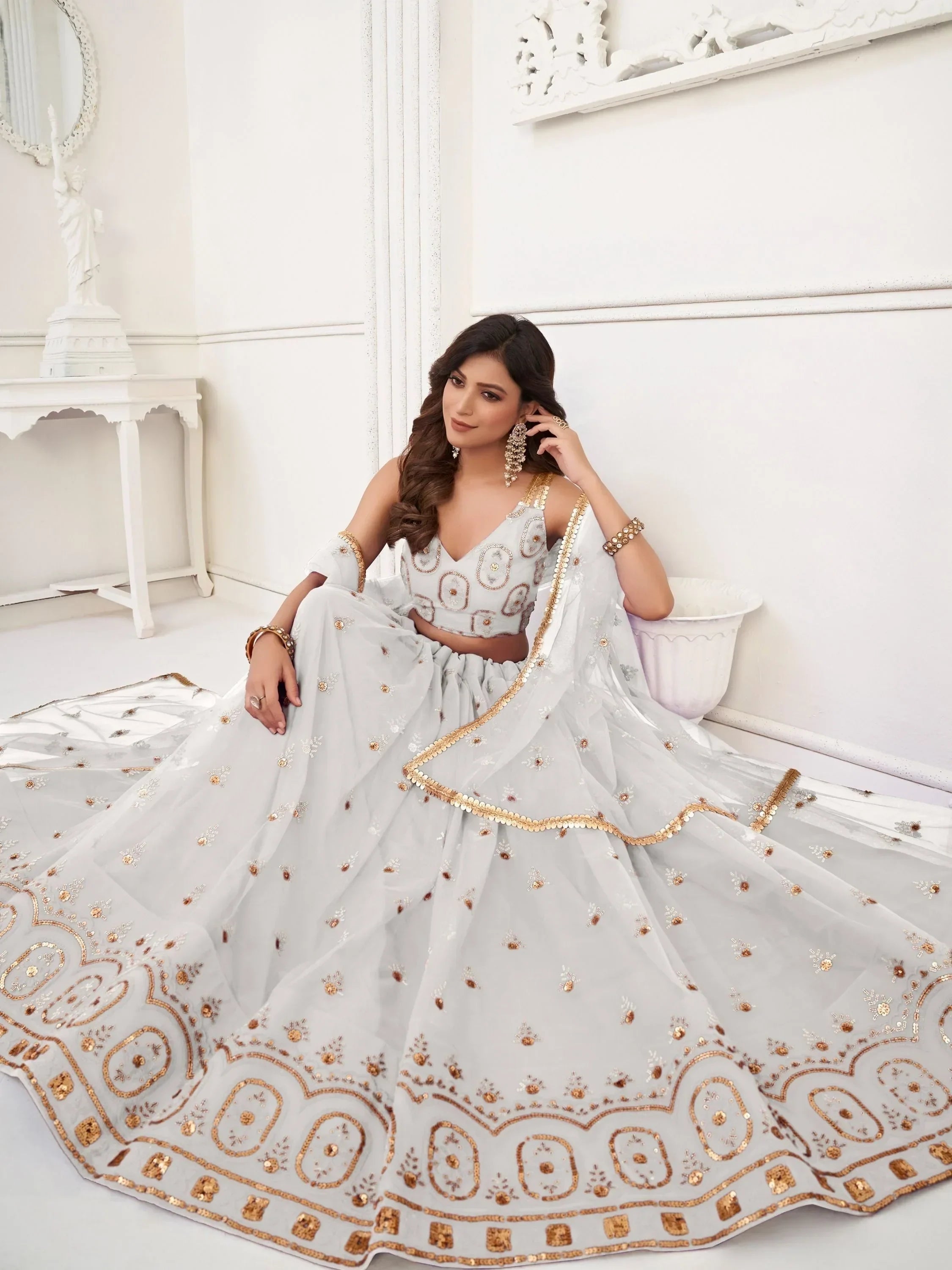 White Pretty Sequins Butterfly Net Party Wear Lehenga Choli