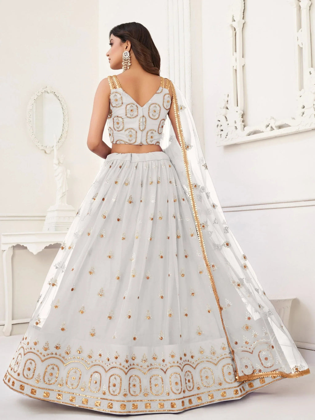 White Pretty Sequins Butterfly Net Party Wear Lehenga Choli