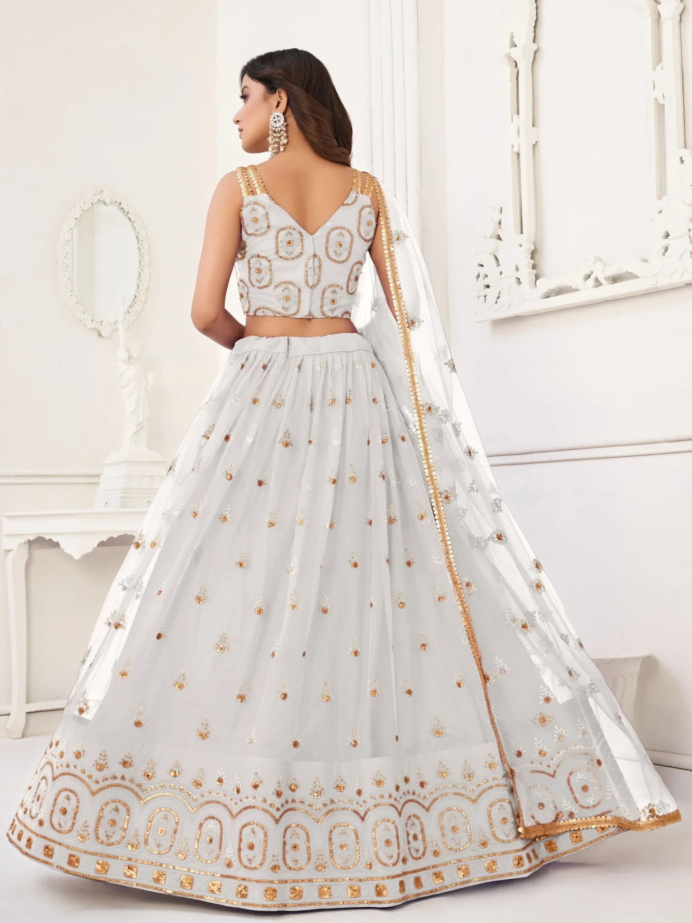 White Pretty Sequins Butterfly Net Party Wear Lehenga Choli