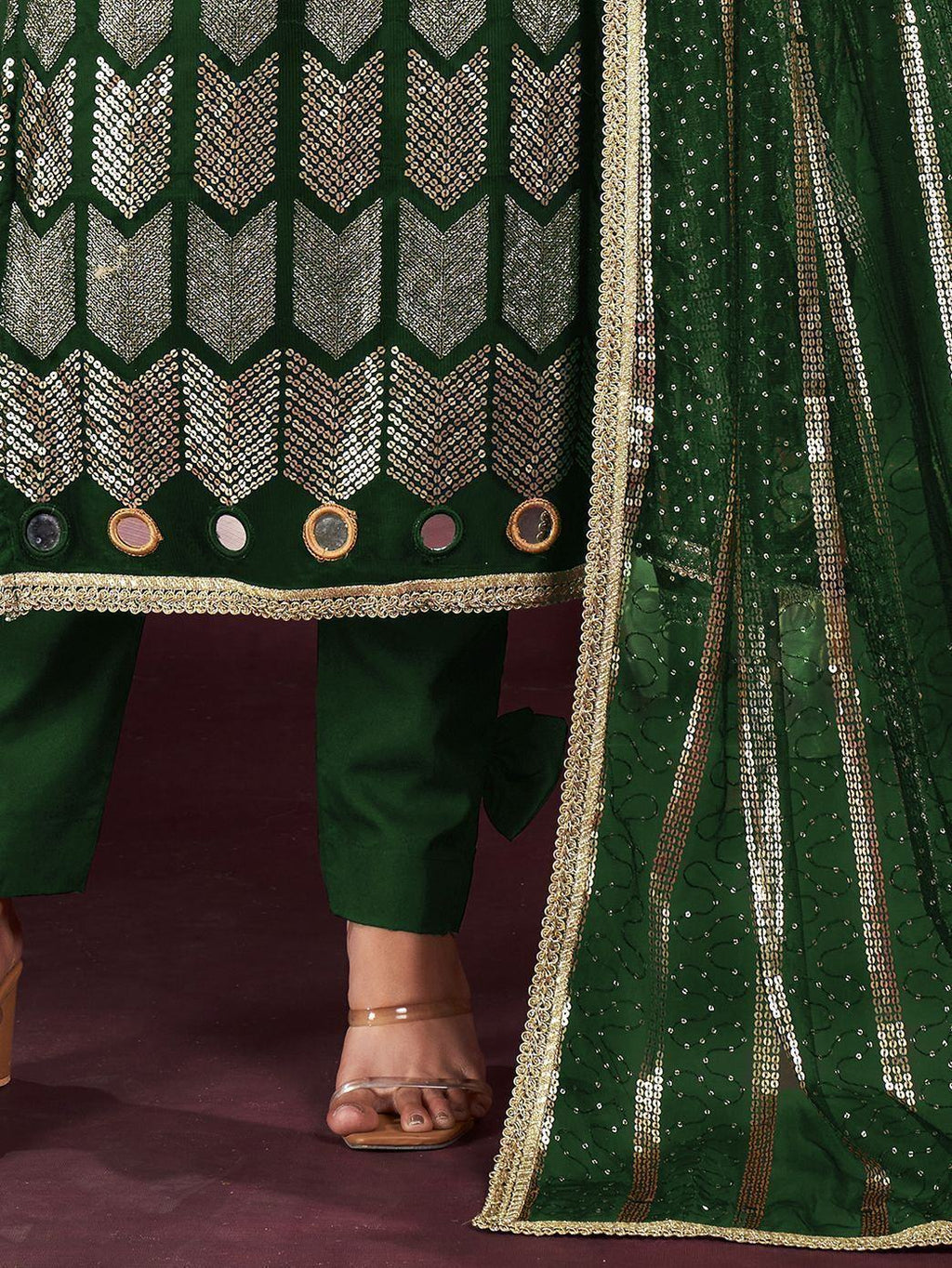 Fabulous Green Sequins Net Mehendi Wear Salwar Kameez With Dupatta