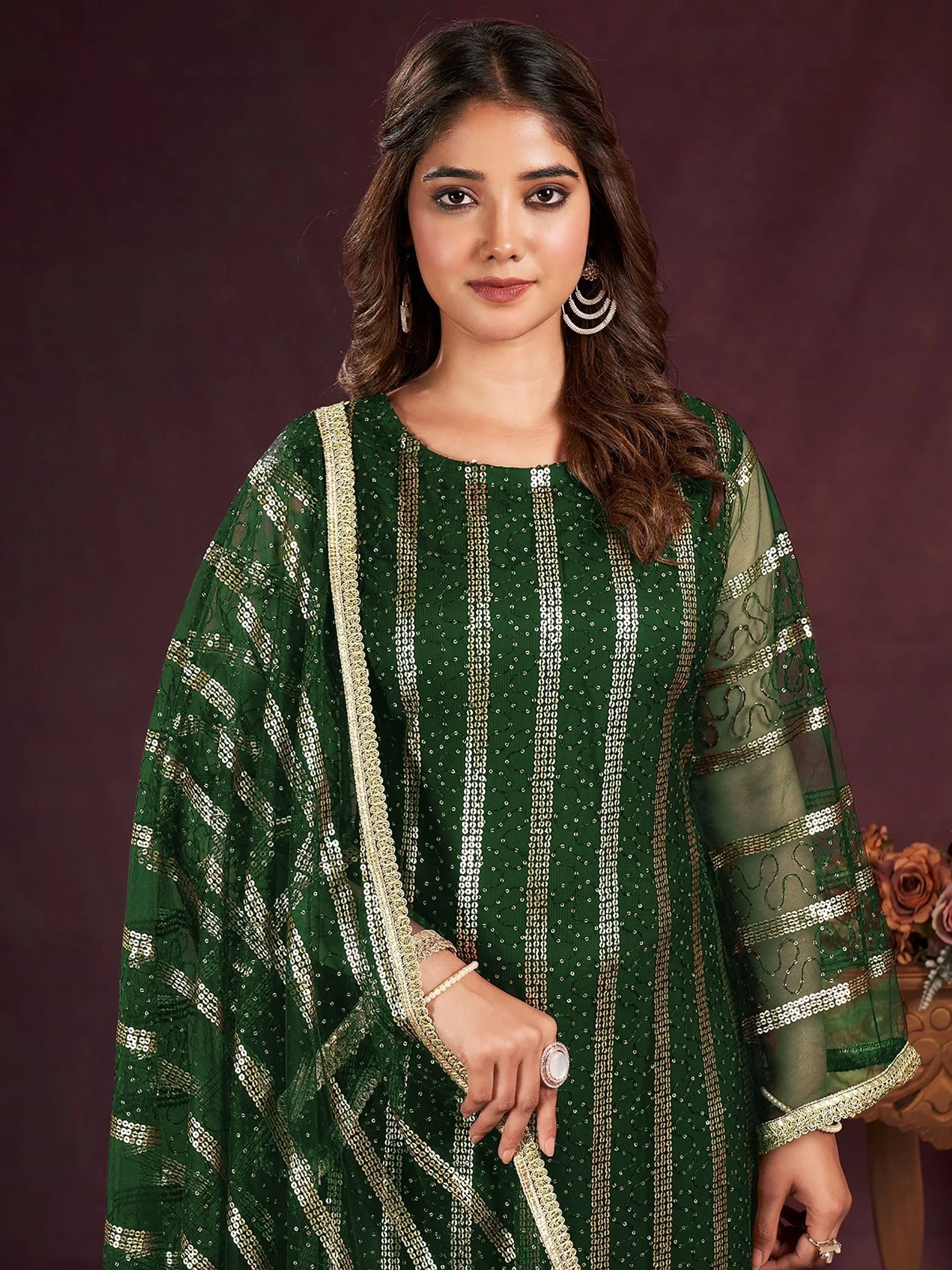 Fabulous Green Sequins Net Mehendi Wear Salwar Kameez With Dupatta