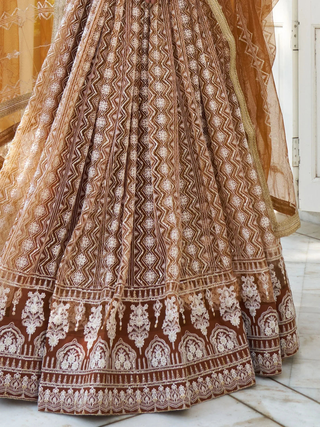 Fascinating Brown Thread Work Net Wedding Wear Lehenga Choli